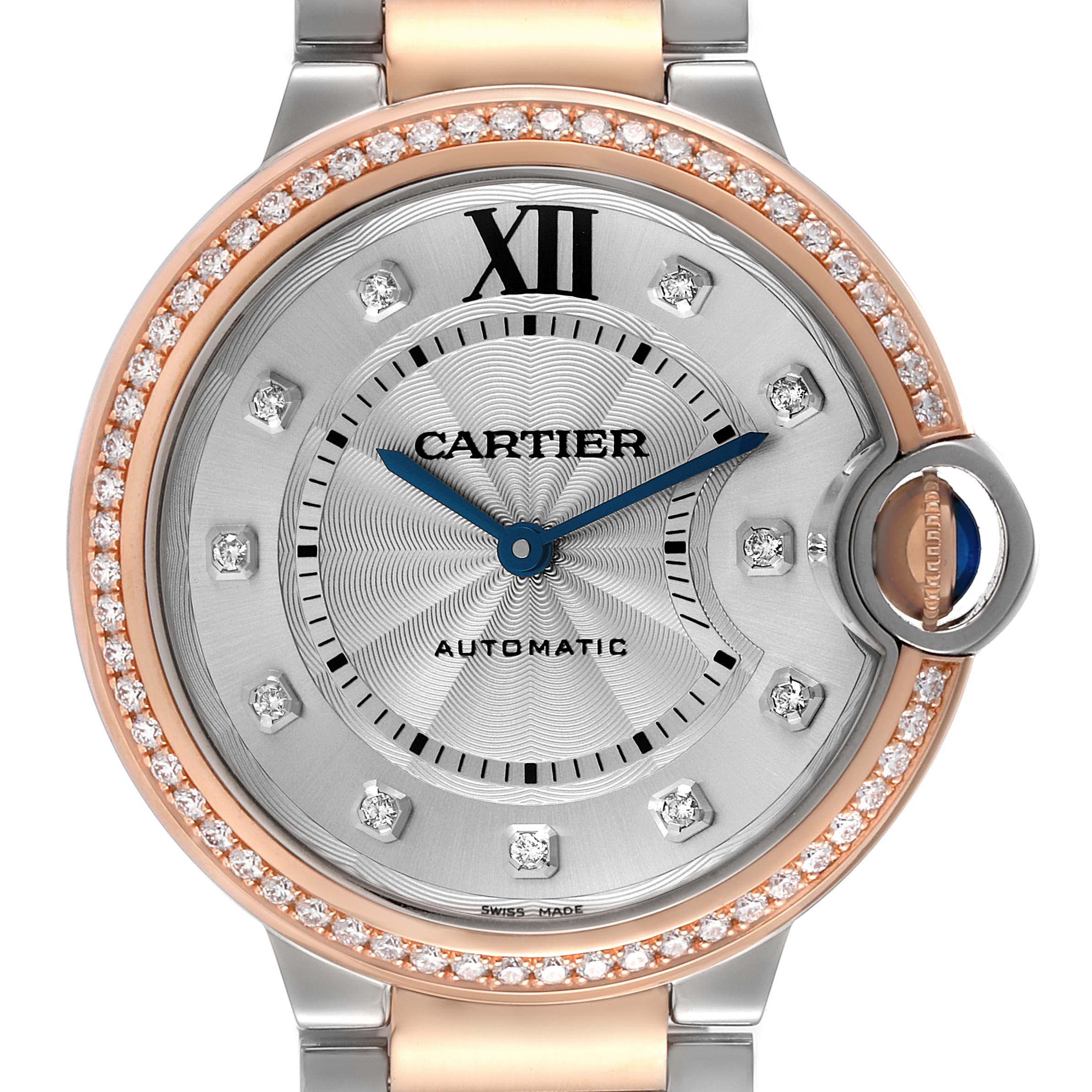 The image shows a close-up of the Cartier Ballon Bleu W3BB0004 Women's Steel and Gold (two tone) Silver Dial W3BB0004 Women's Steel and Gold (two tone) Silver Dial watch dial with diamonds and blue hands.