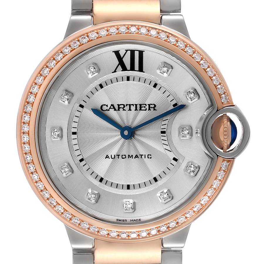 Cartier Ballon Blue Steel Rose Gold Diamond Ladies Watch W3BB0004 Box Papers SwissWatchExpo