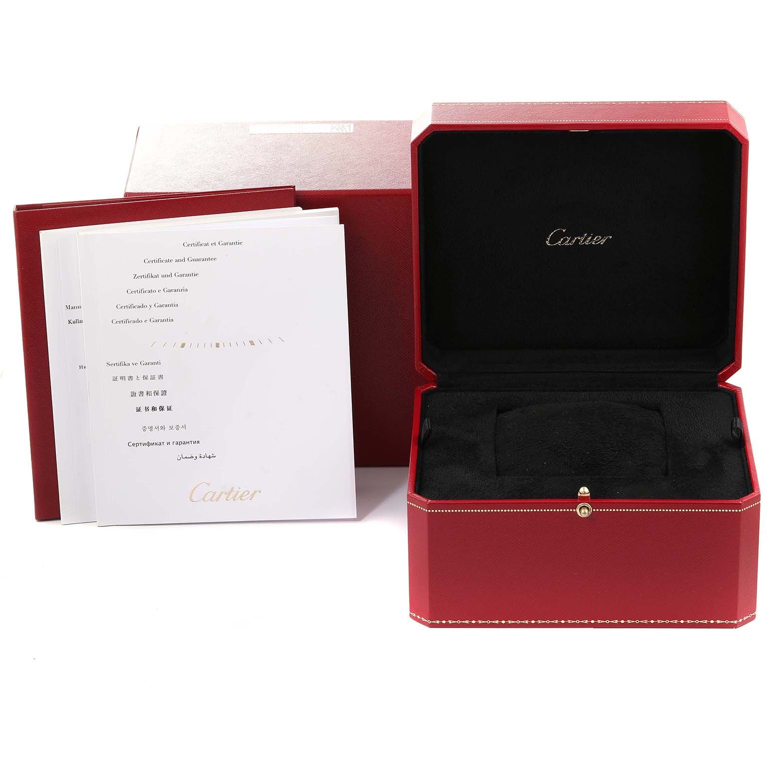 The image shows an open Cartier Ballon Bleu W3BB0004 Women's Steel and Gold (two tone) Silver Dial W3BB0004 Women's Steel and Gold (two tone) Silver Dial watch box and accompanying certificates/manuals from a front-facing angle.