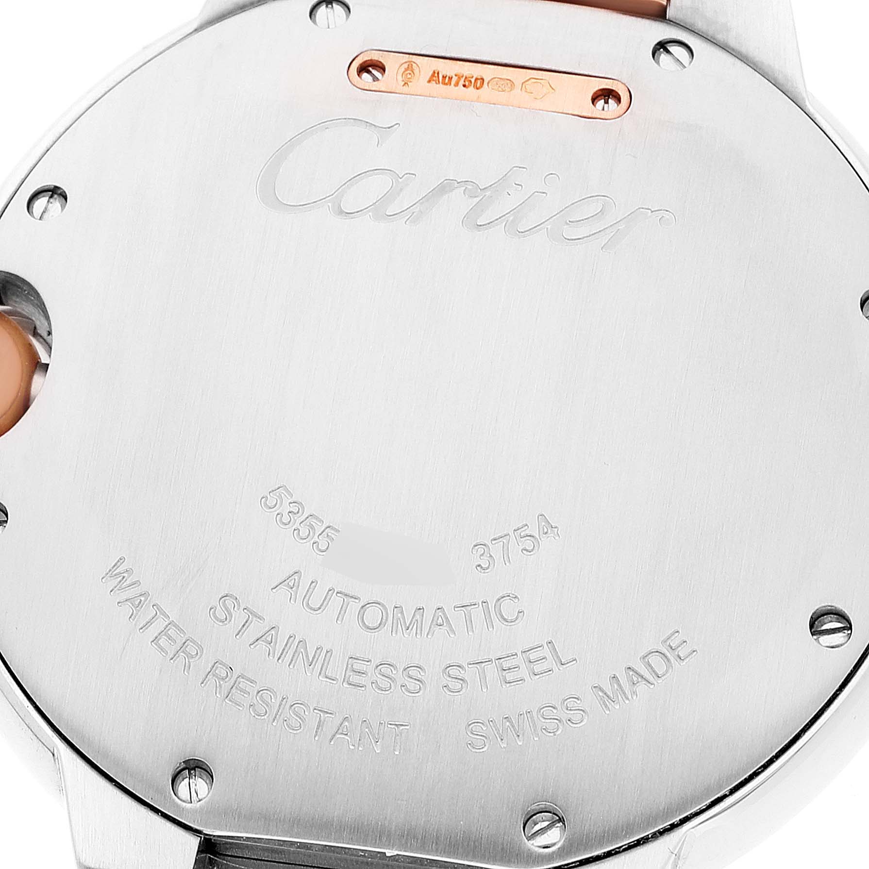 The image shows the back cover of a Ballon Bleu model by Cartier, displaying inscriptions and screws.