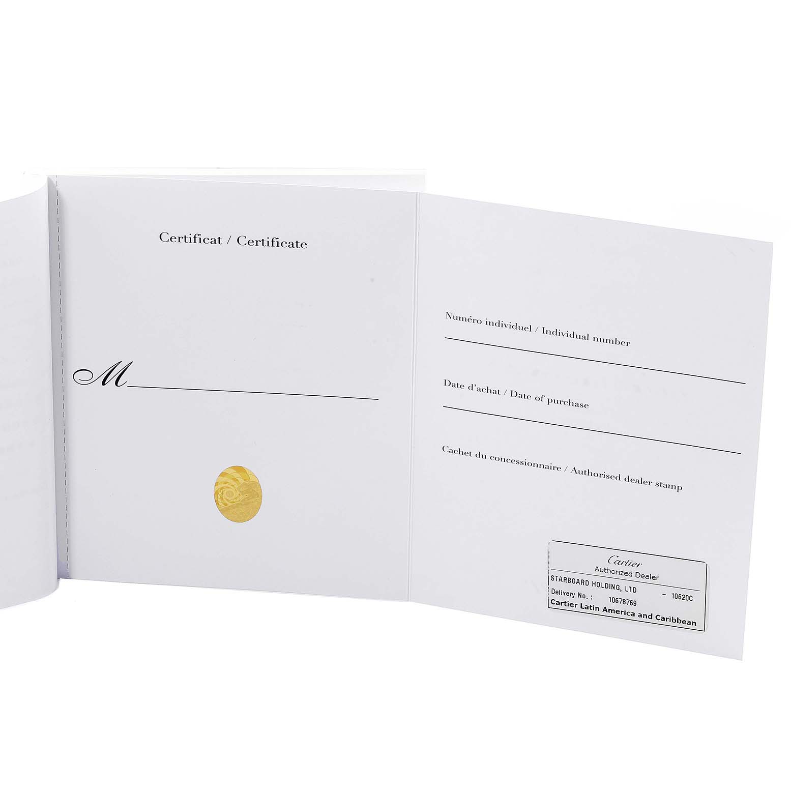The image shows the open warranty certificate booklet for the Ballon Bleu model by Cartier.