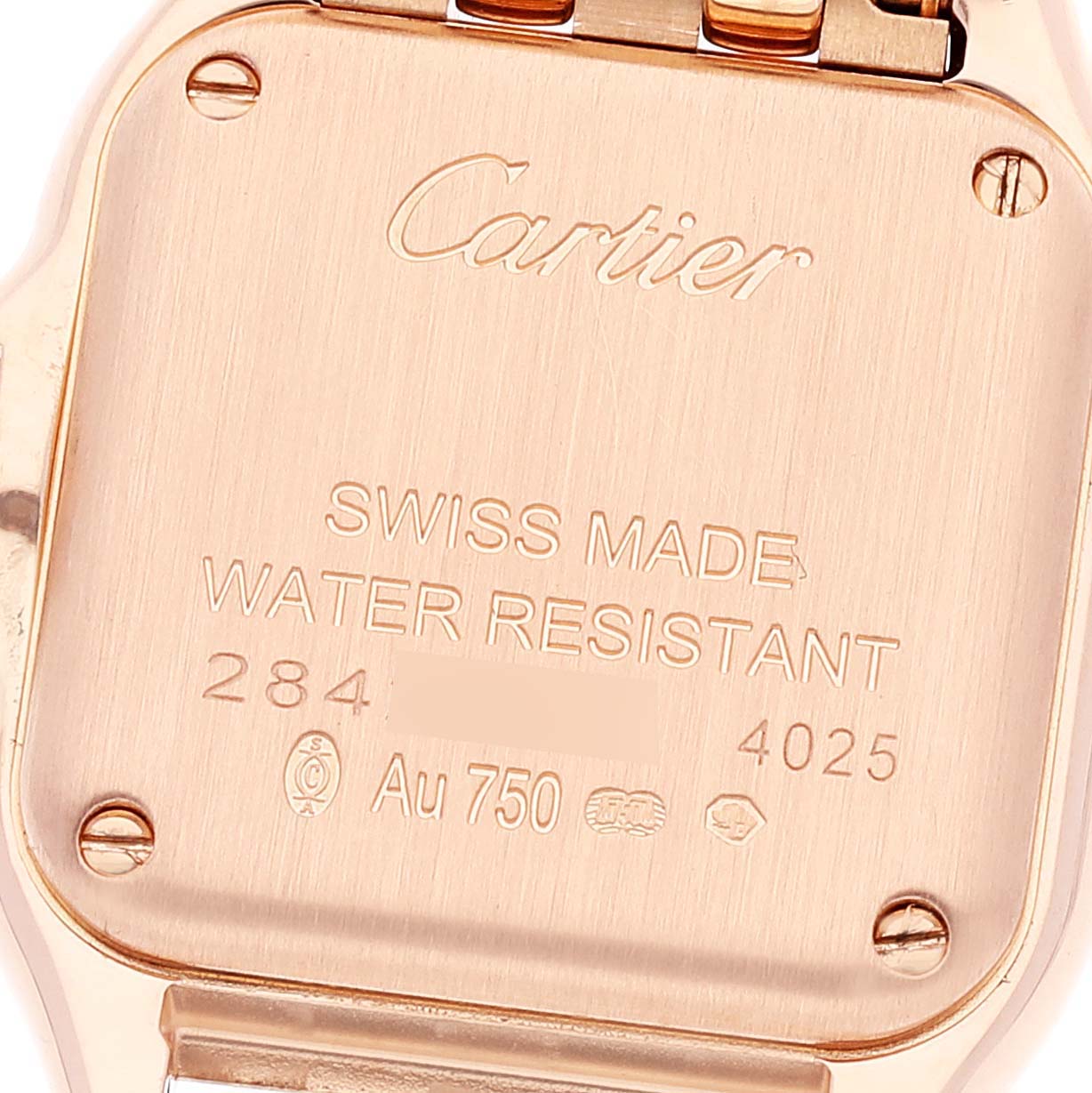 The image shows the back case of the Cartier Panthere WJPN0008 Women's Rose Gold Silver Dial WJPN0008 Women's Rose Gold Silver Dial watch, highlighting the brand name, model details, and material information.