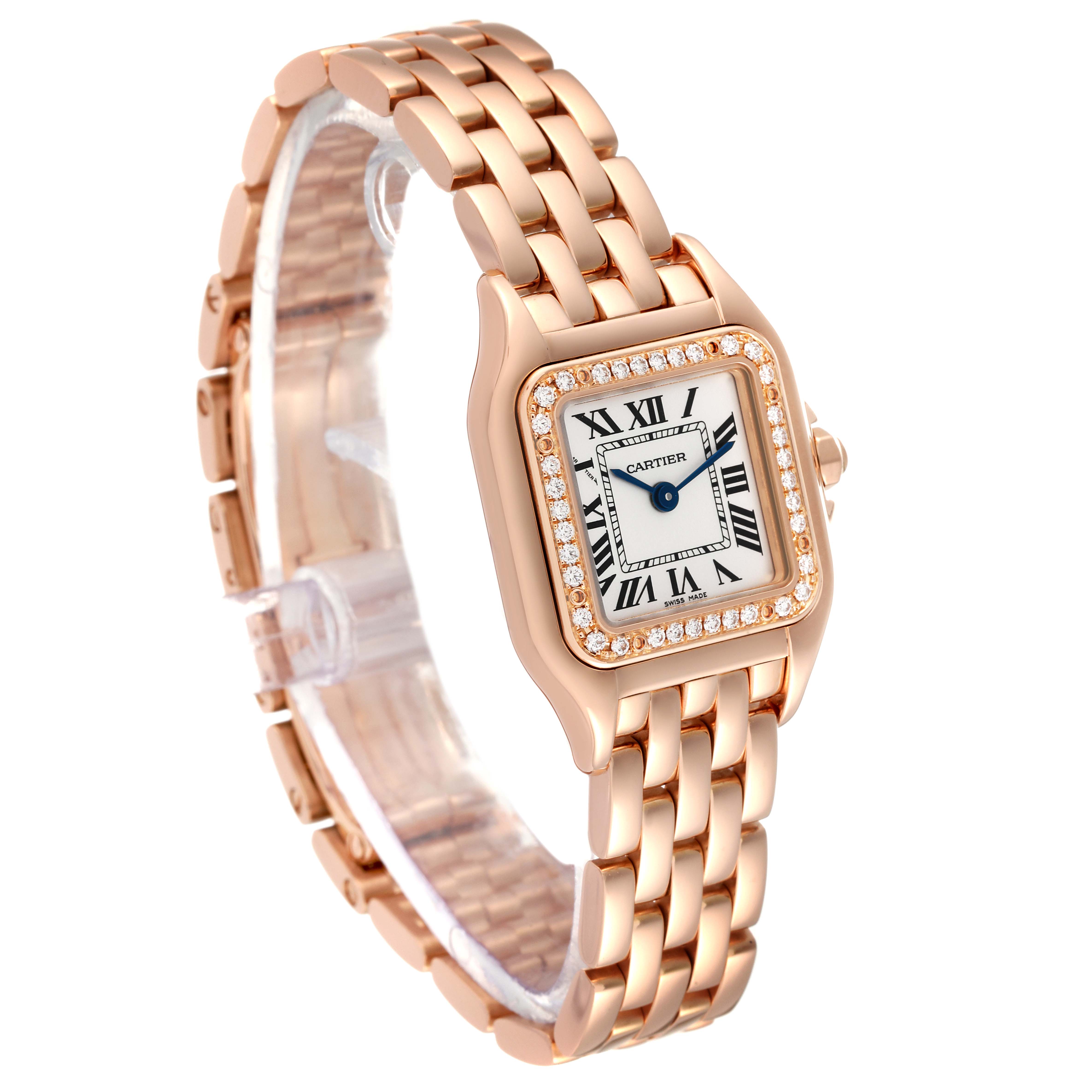 The image shows a Cartier Panthere WJPN0008 Women's Rose Gold Silver Dial WJPN0008 Women's Rose Gold Silver Dial watch, angled to display the face, bezel, crown, and bracelet.
