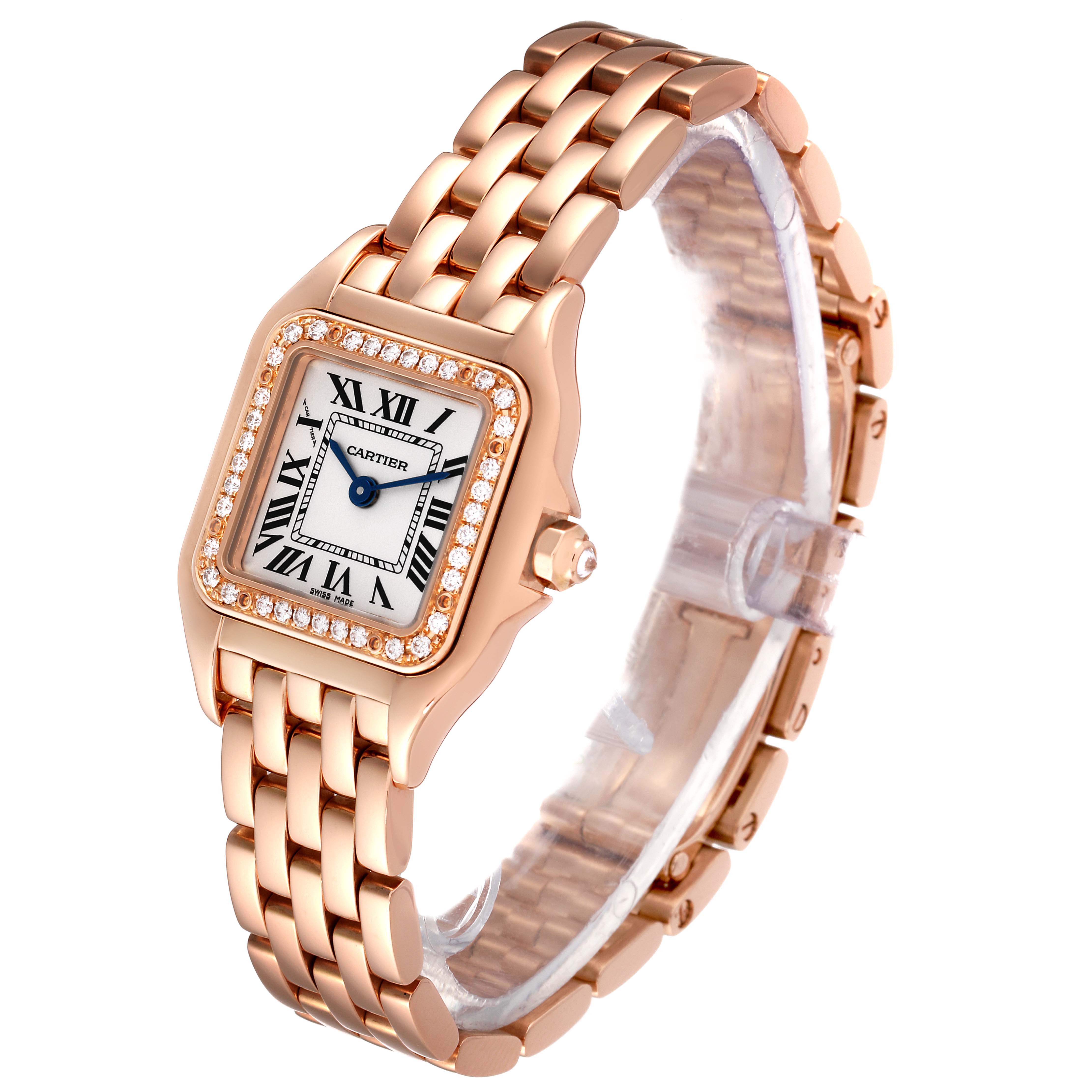 The image shows an angled view of a Cartier Panthere WJPN0008 Women's Rose Gold Silver Dial WJPN0008 Women's Rose Gold Silver Dial model watch, highlighting its face, band, and bejeweled bezel.