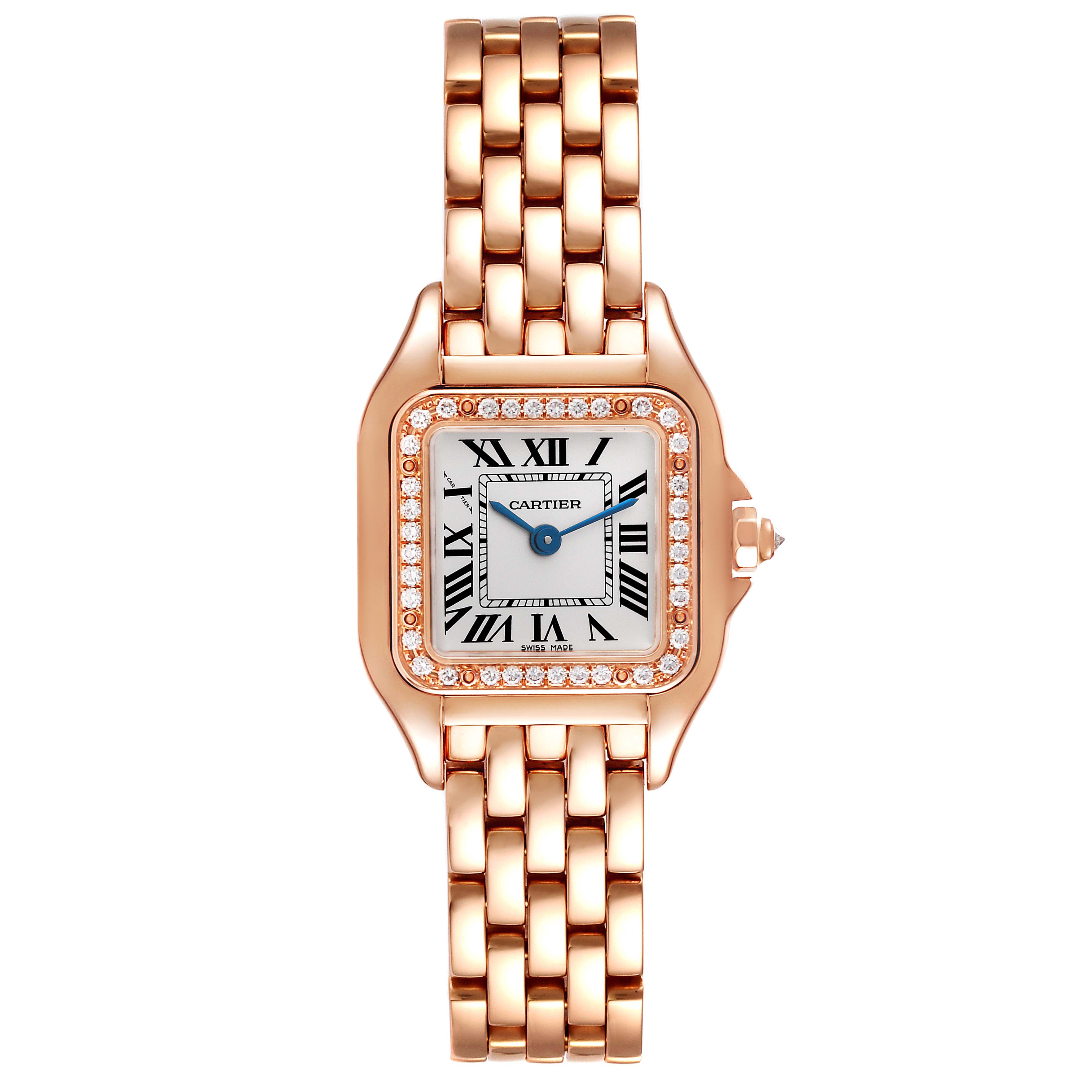 The image shows a front view of the Cartier Panthere WJPN0008 Women's Rose Gold Silver Dial WJPN0008 Women's Rose Gold Silver Dial watch, featuring a rose gold bracelet and a diamond-encrusted bezel.