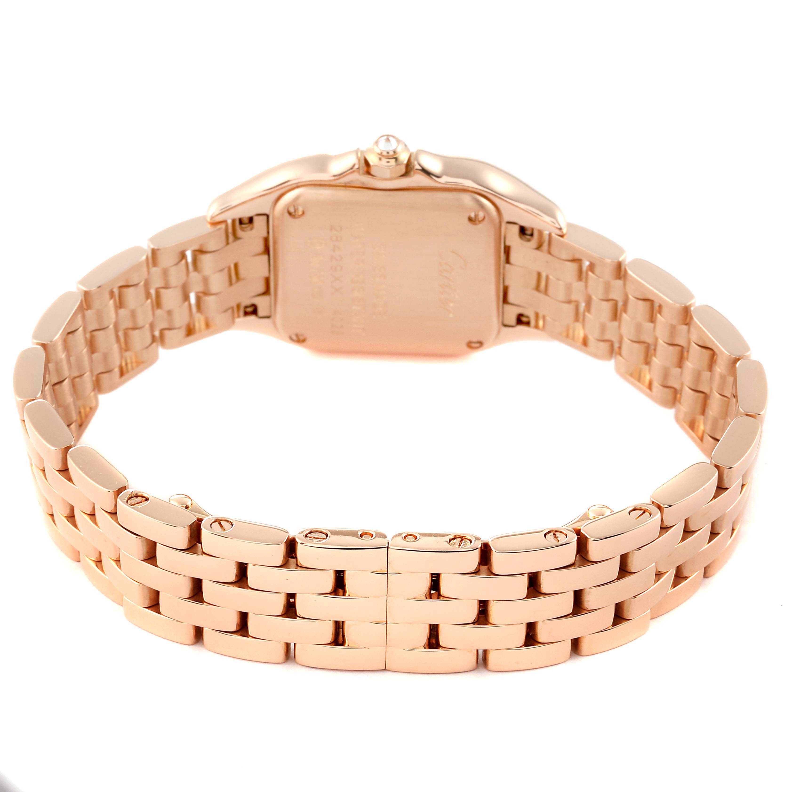 The image shows the back view of a Cartier Panthere WJPN0008 Women's Rose Gold Silver Dial WJPN0008 Women's Rose Gold Silver Dial model watch, highlighting the case back and bracelet links.