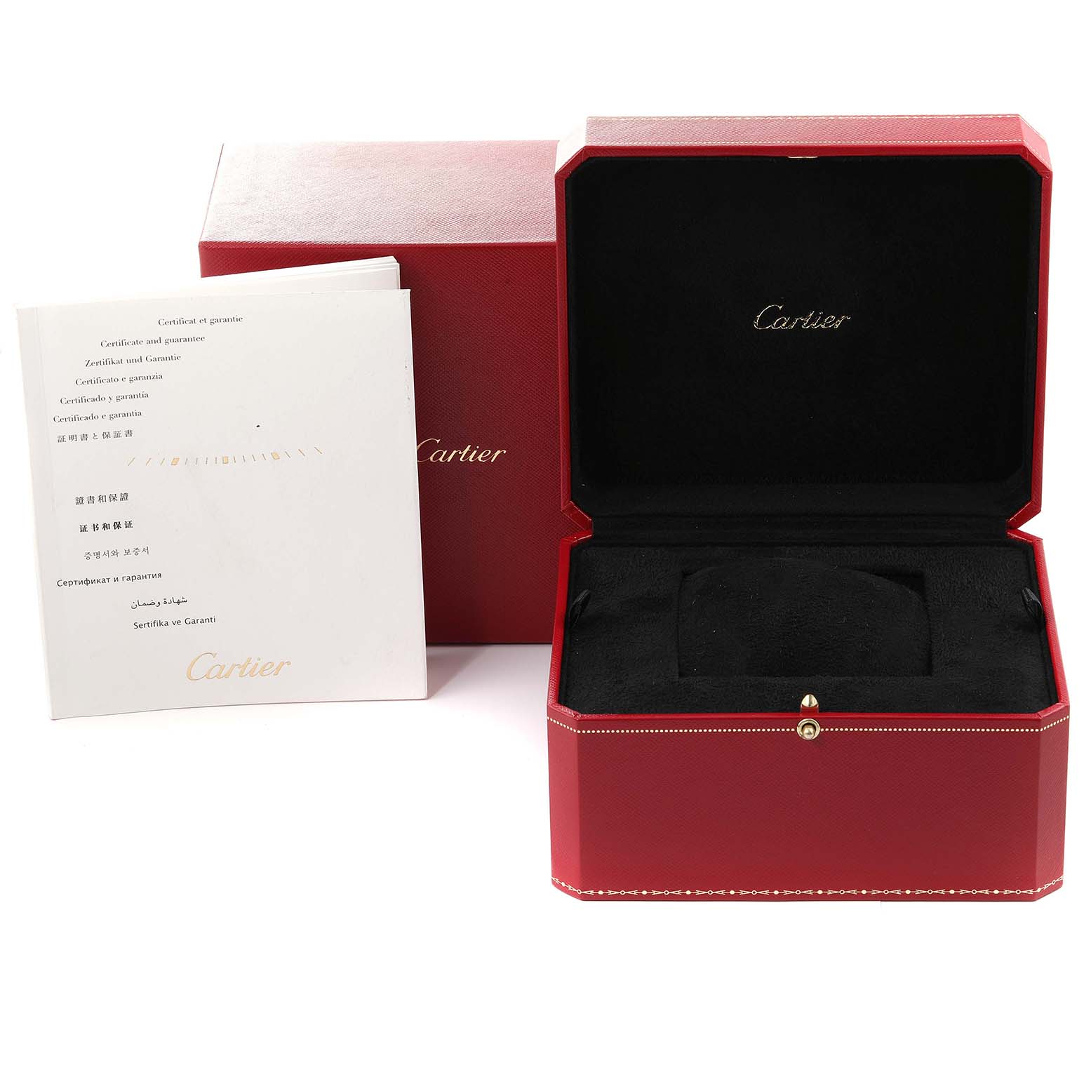 The image shows the Cartier Panthere WJPN0008 Women's Rose Gold Silver Dial WJPN0008 Women's Rose Gold Silver Dial model watch accessories, including a red box and certificate of guarantee.