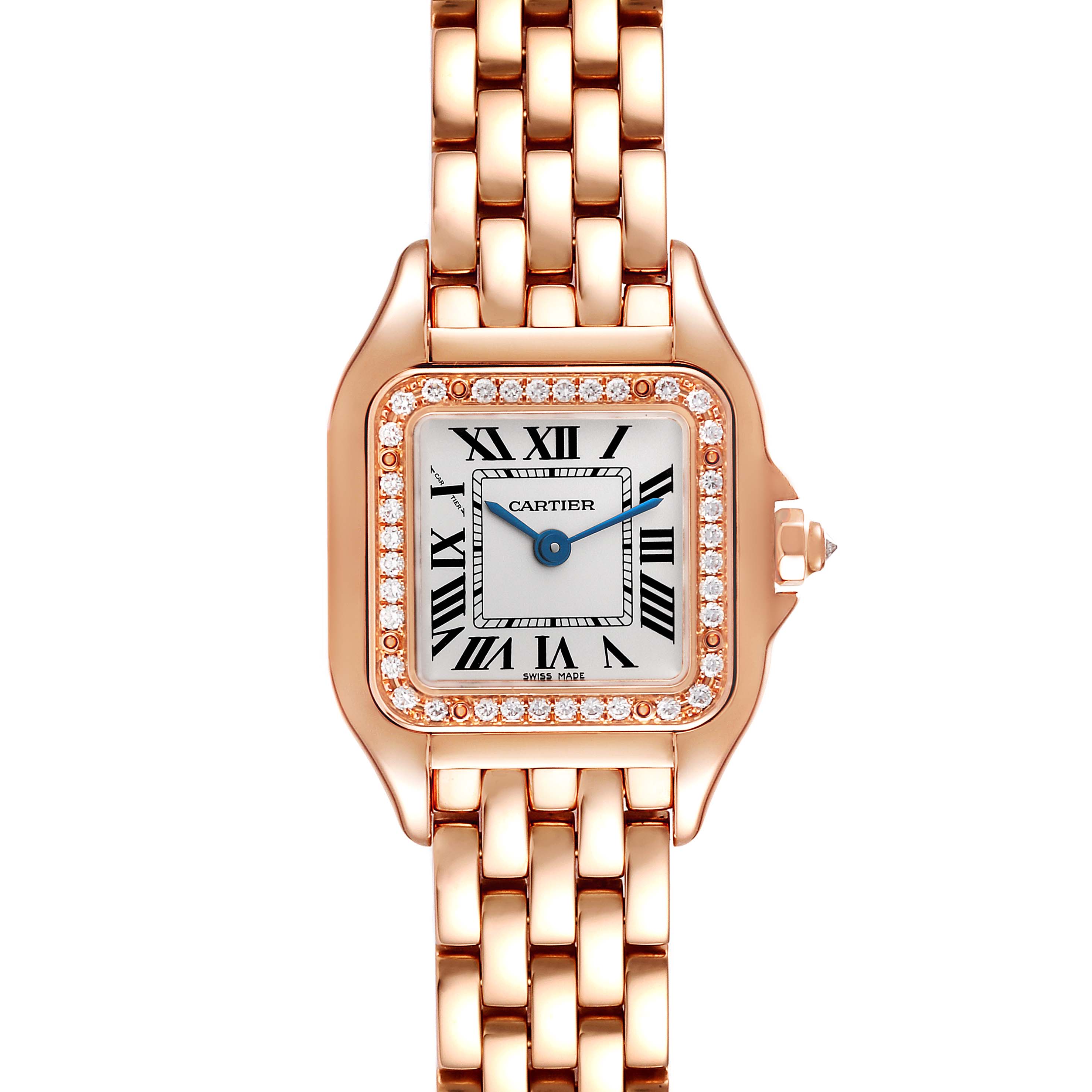 The image shows a front view of a Cartier Panthere WJPN0008 Women's Rose Gold Silver Dial WJPN0008 Women's Rose Gold Silver Dial watch, highlighting its face and part of the gold bracelet.