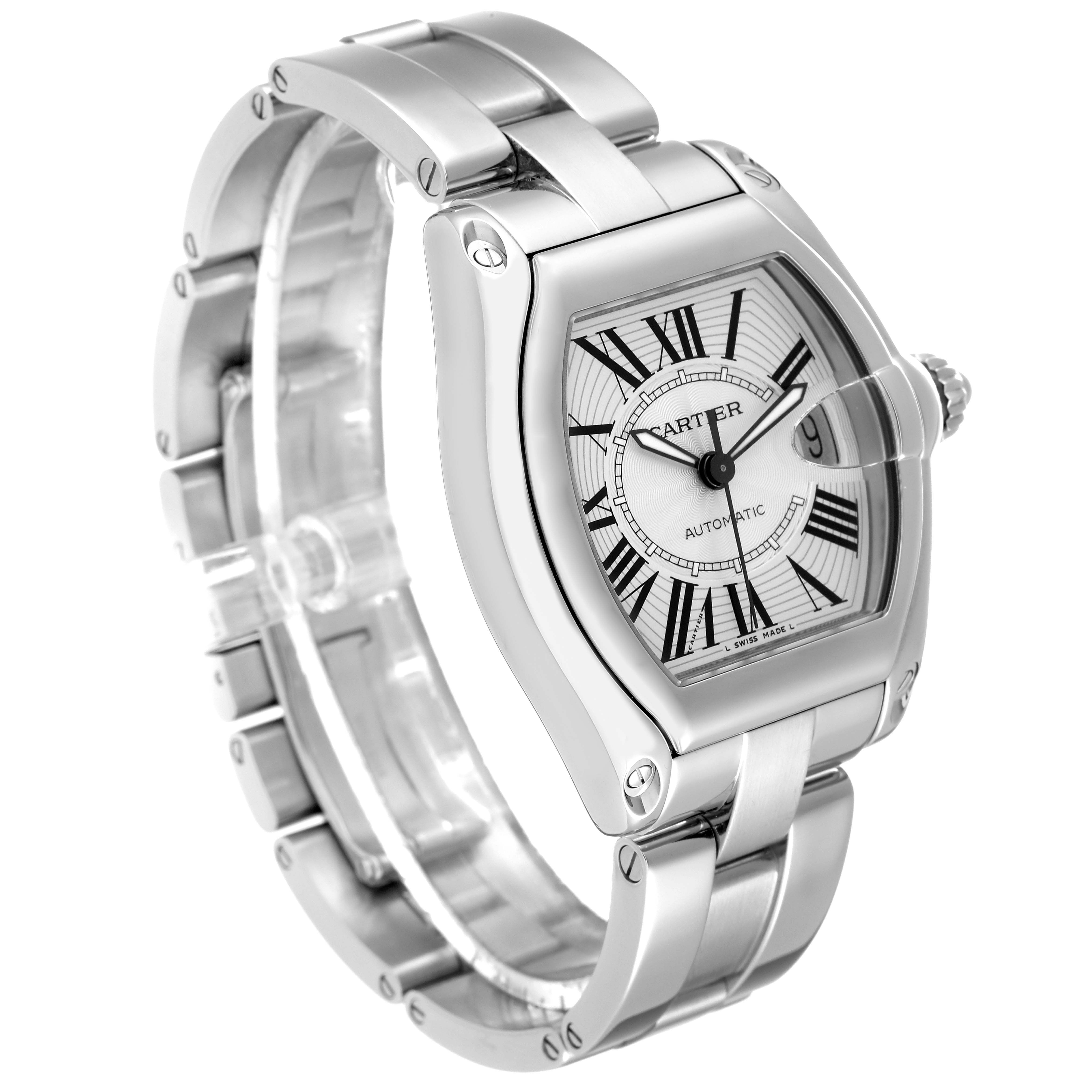 This image shows a Cartier Roadster W62025V3 Men
s Stainless Steel Silver Dial W62025V3 Men
s Stainless Steel Silver Dial watch angled to display its face and metal bracelet.