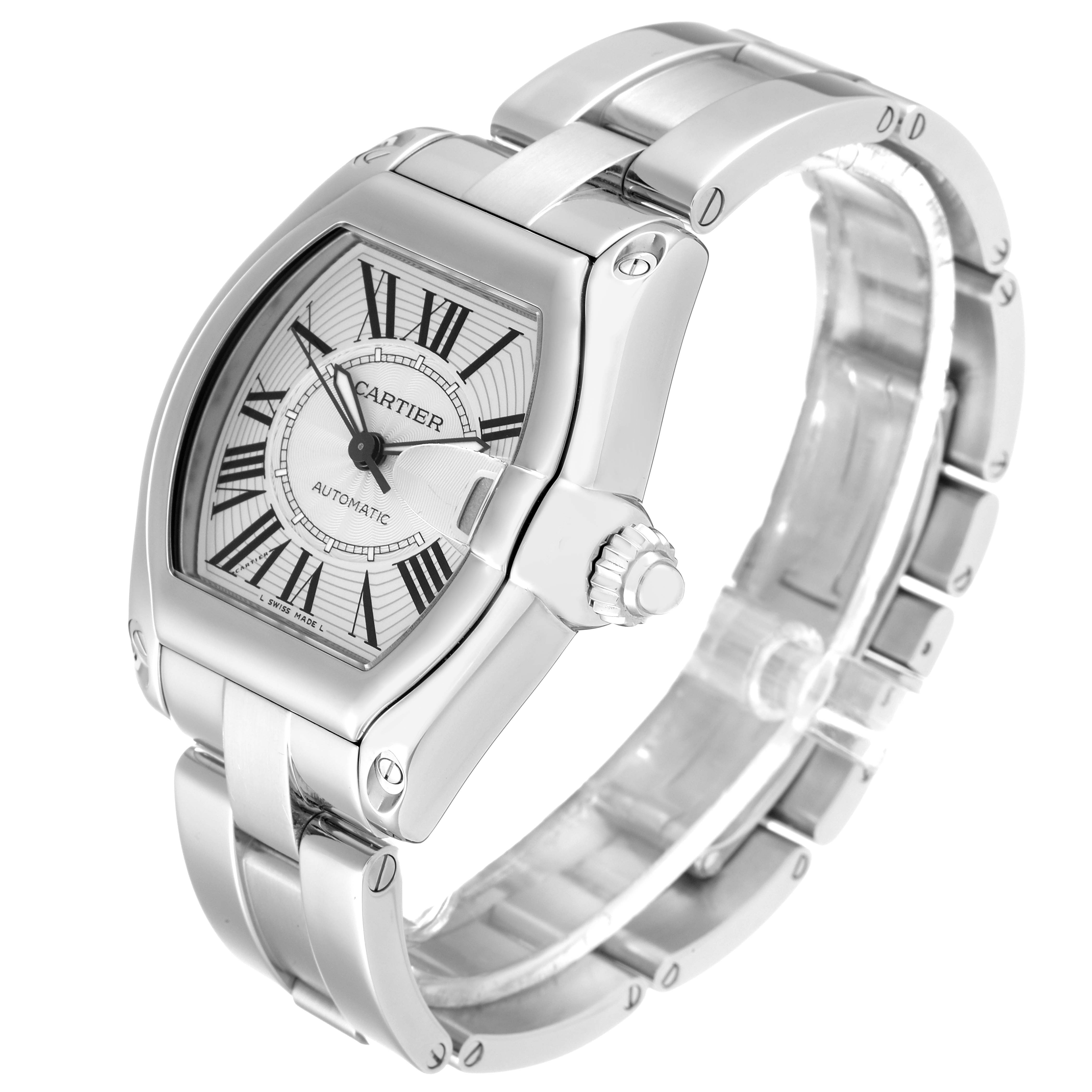 The Roadster model by Cartier is shown at an angled front view, highlighting its face, crown, and metallic band.