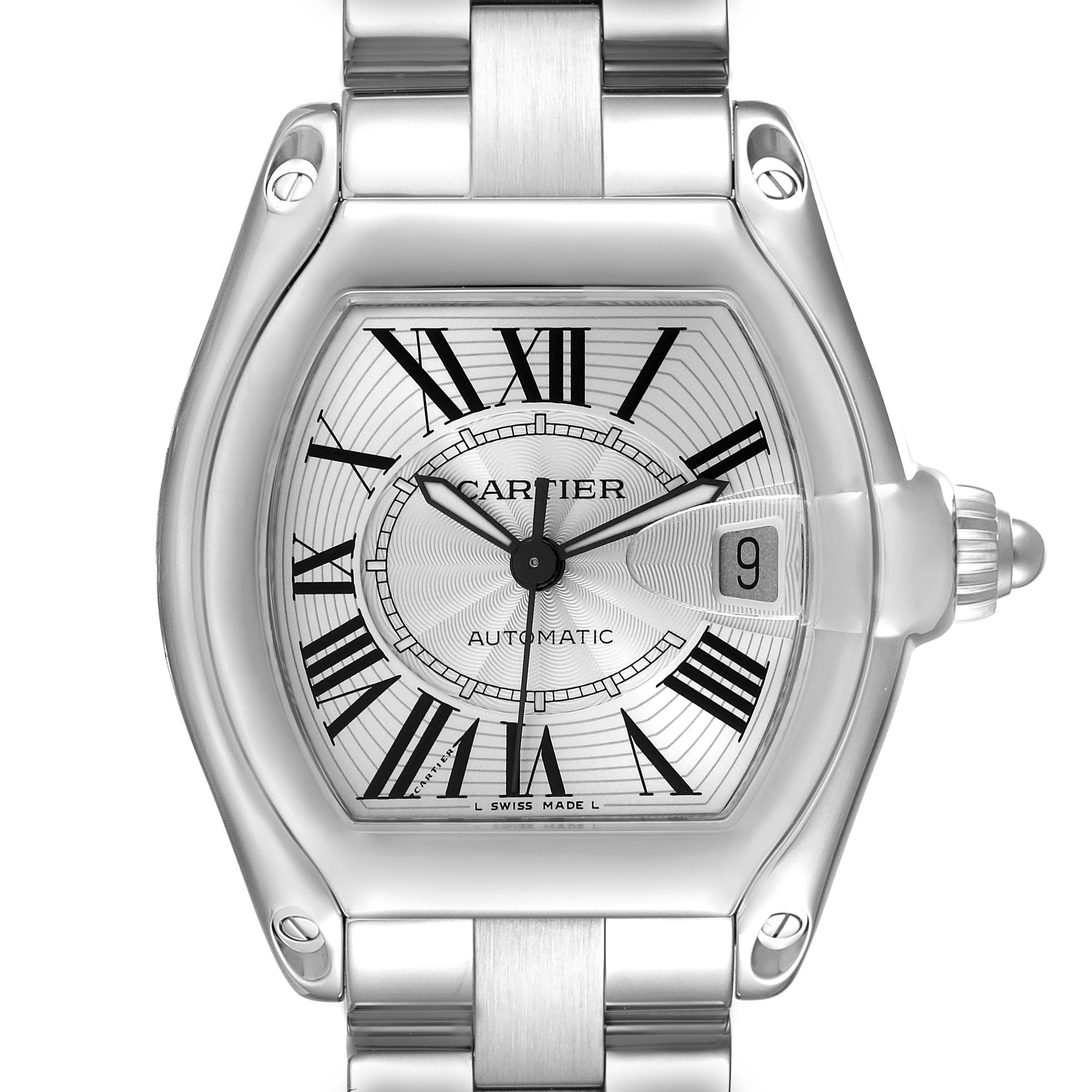 This image shows a front view of the Cartier Roadster W62025V3 Men
s Stainless Steel Silver Dial W62025V3 Men
s Stainless Steel Silver Dial watch, highlighting its face, dial, hands, date window, and part of the bracelet.