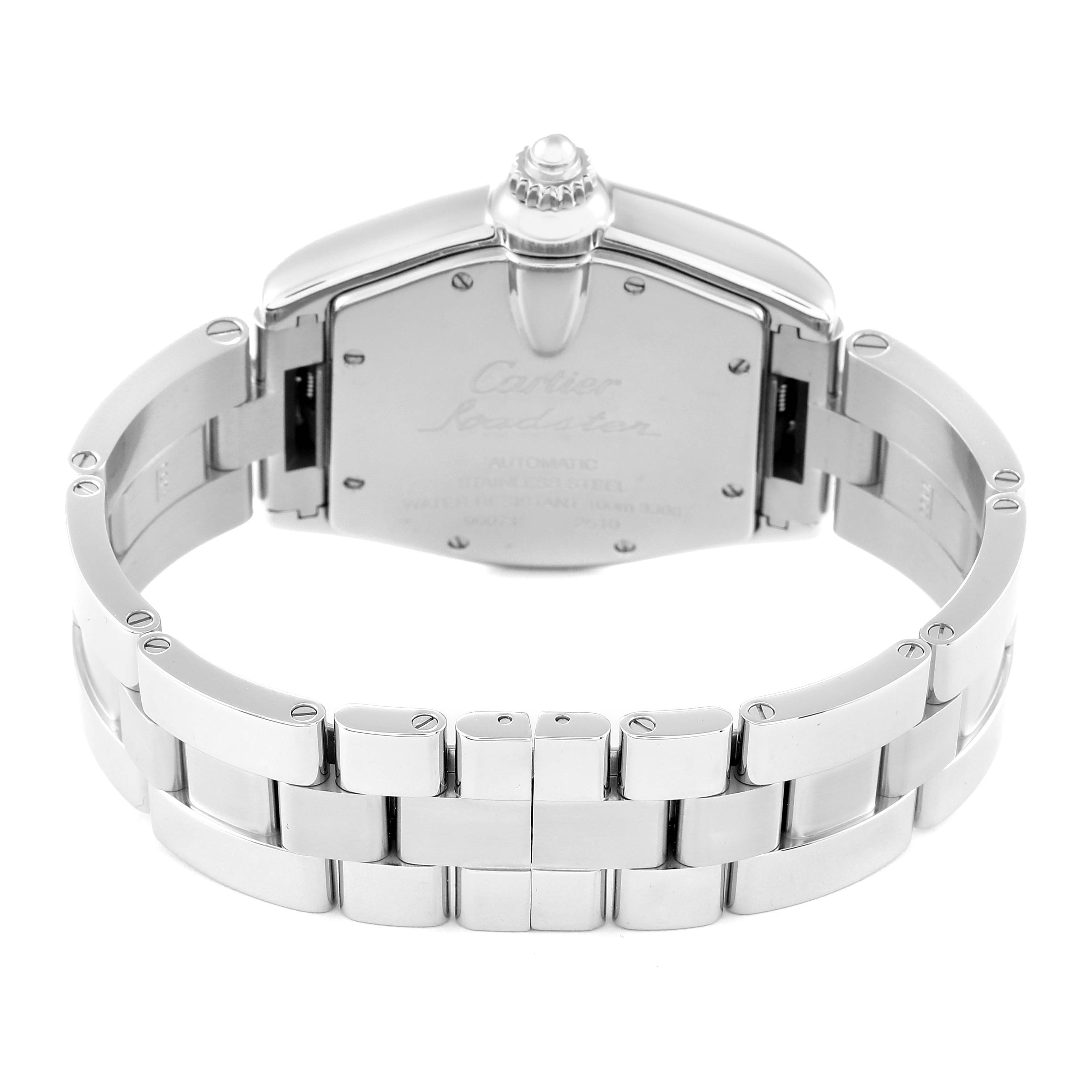 The image shows the back and bracelet of a Cartier Roadster W62025V3 Men
s Stainless Steel Silver Dial W62025V3 Men
s Stainless Steel Silver Dial watch from a rear angle.