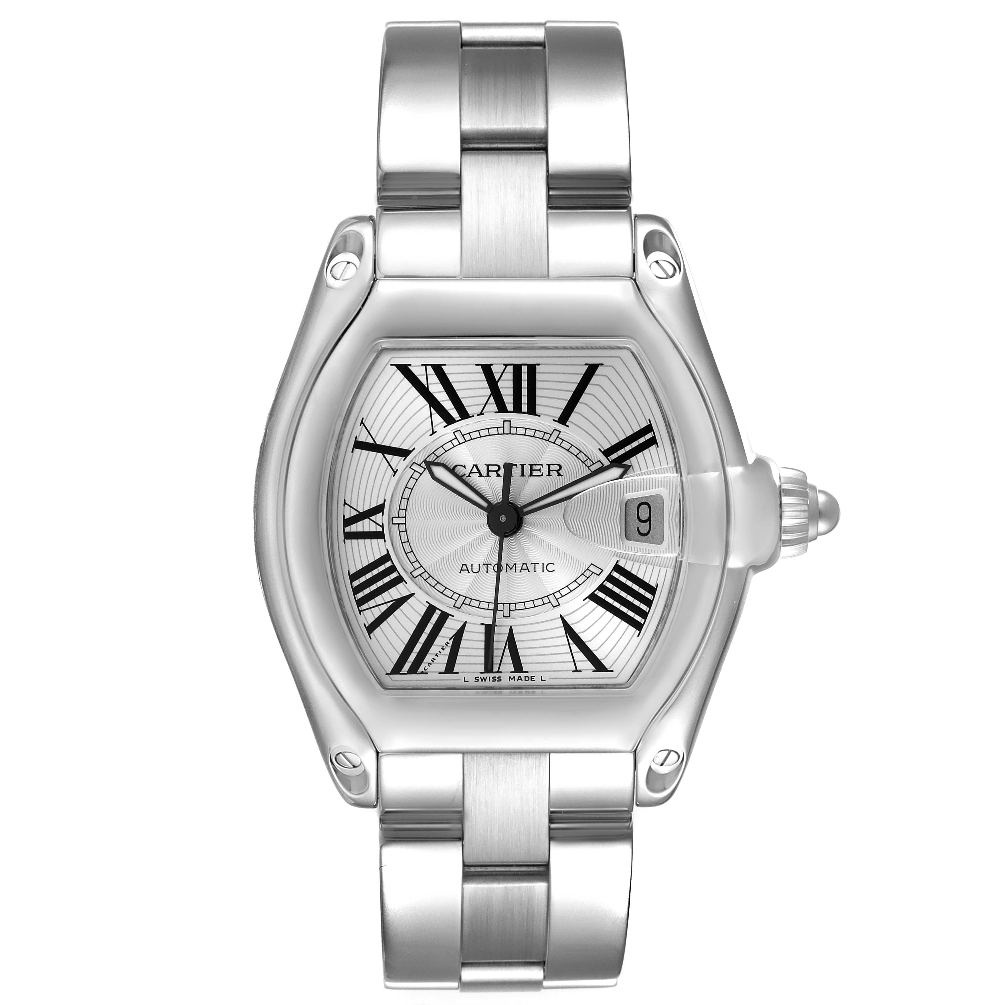 This image shows a front view of the Cartier Roadster W62025V3 Men
s Stainless Steel Silver Dial W62025V3 Men
s Stainless Steel Silver Dial watch, highlighting its stainless steel bracelet, dial, and date feature.