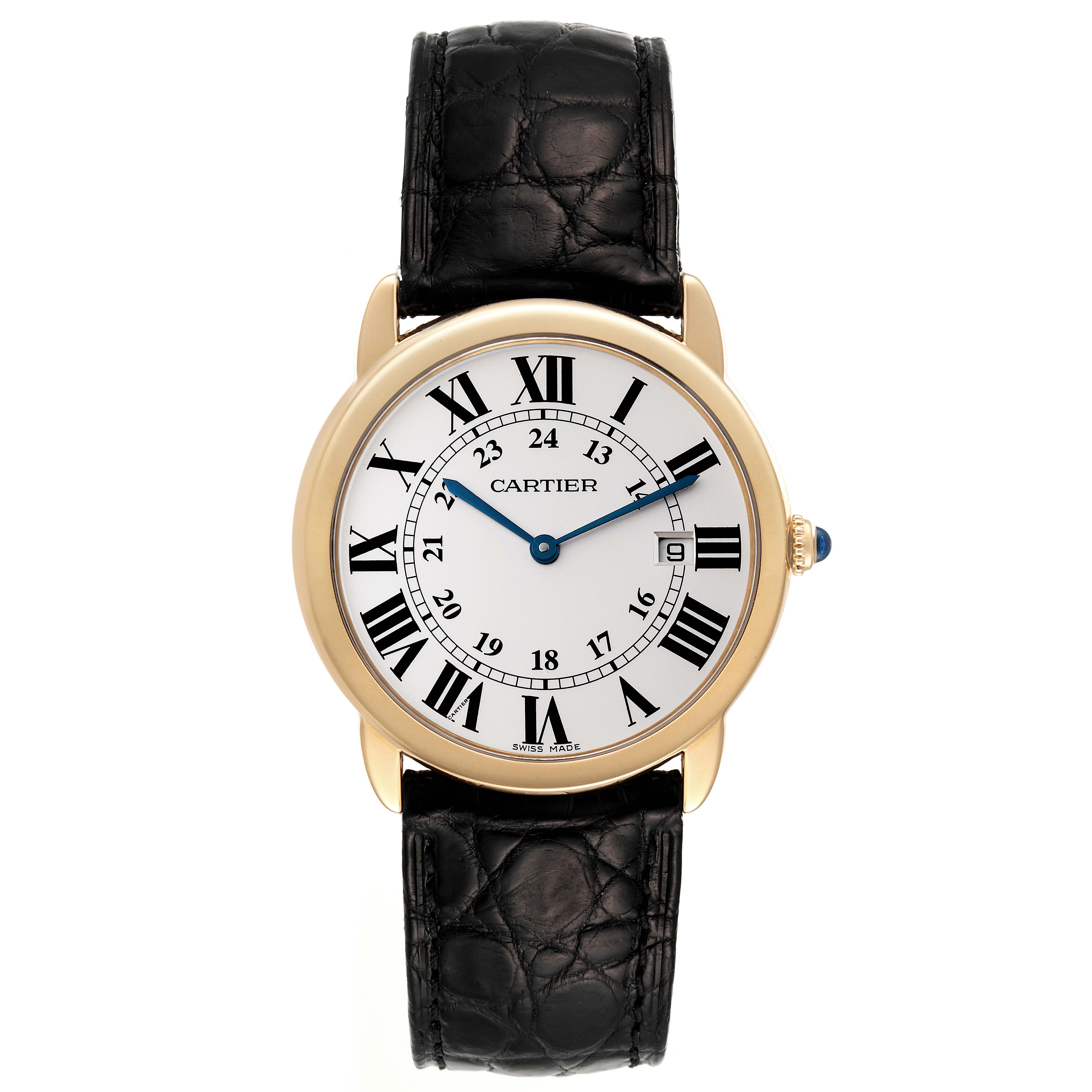 The Cartier Ronde W6700455 Men's Yellow Gold Silver Dial W6700455 Men's Yellow Gold Silver Dial model watch is shown from a top-down angle, displaying the face, strap, and crown.