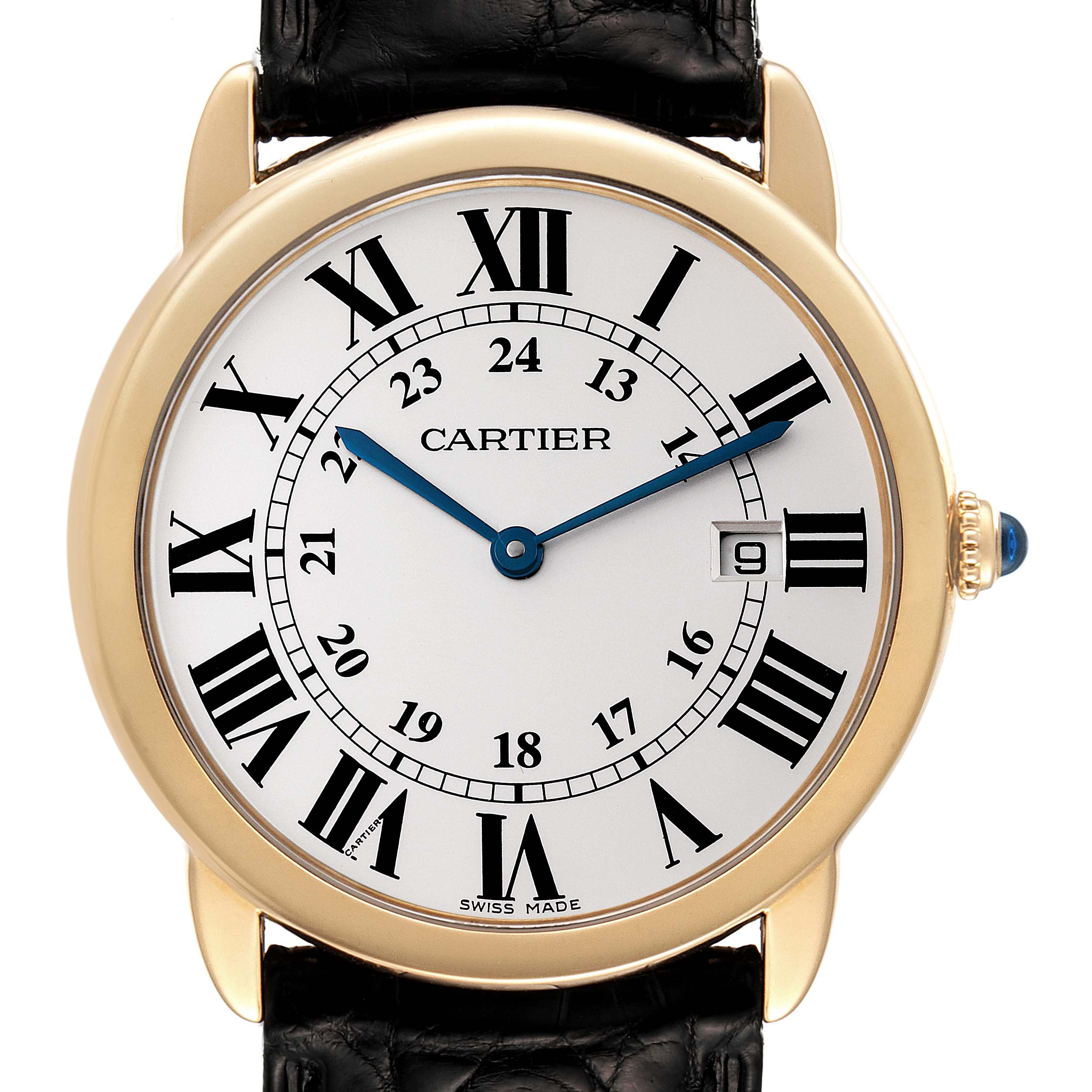 This image shows a close-up, front-facing view of the Ronde model watch by Cartier, highlighting the dial, case, and part of the strap.