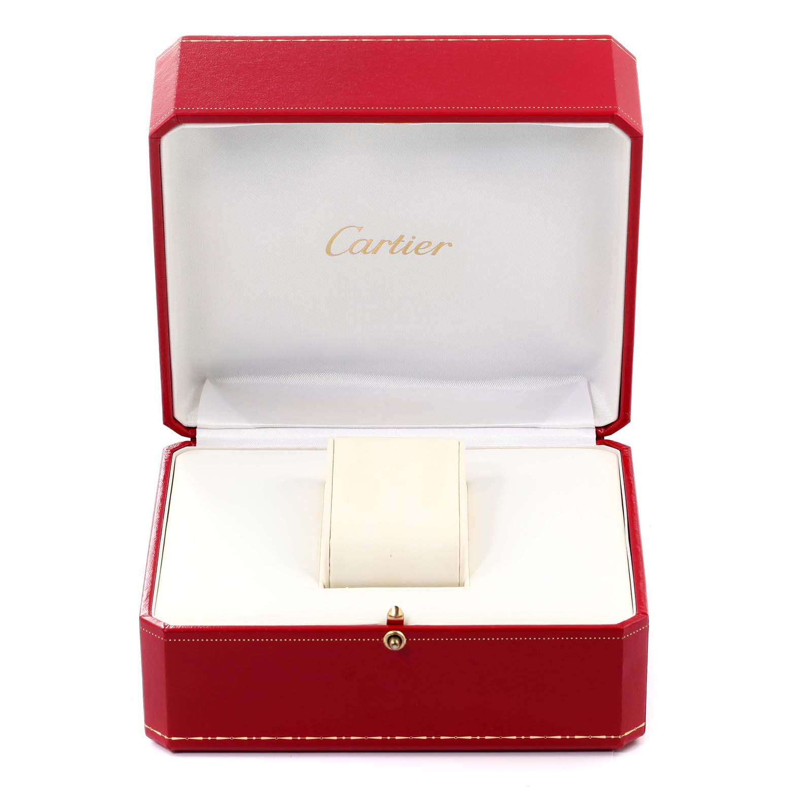 The image shows an open, empty red Cartier watch box for the Ronde model, viewed from the front.