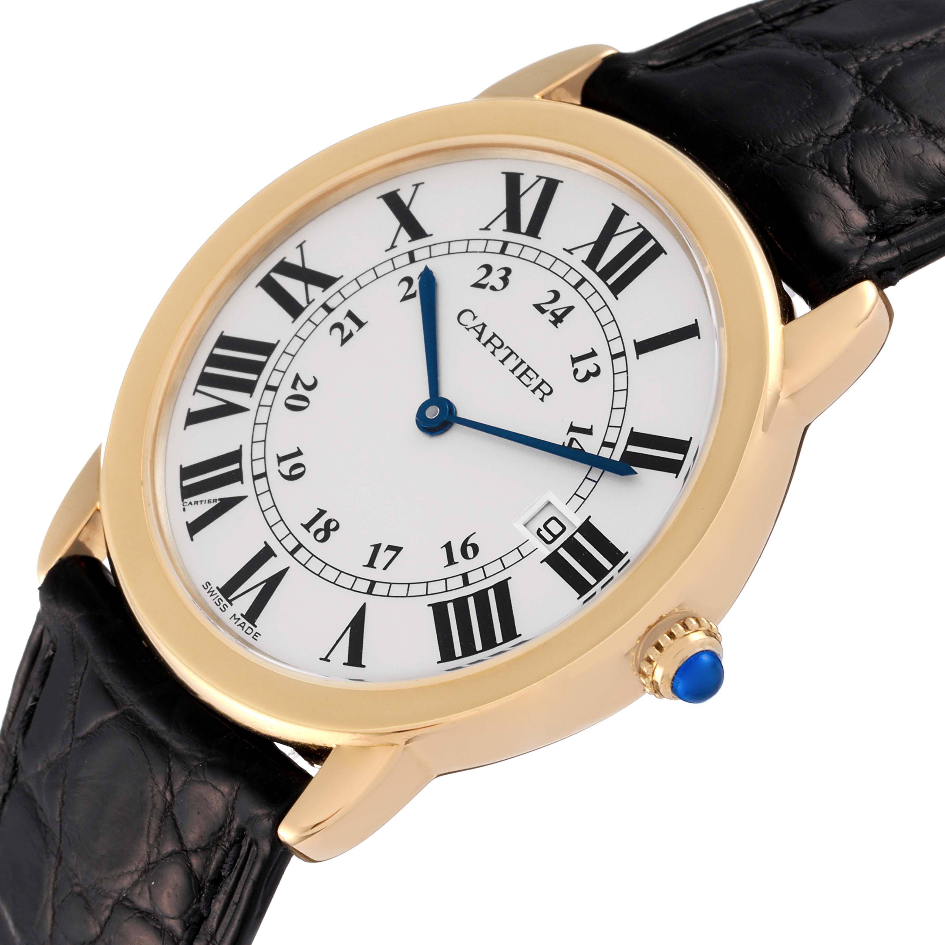 The Cartier Ronde W6700455 Men's Yellow Gold Silver Dial W6700455 Men's Yellow Gold Silver Dial watch is shown from an angled top view, highlighting its dial, gold case, crown, and black leather strap.