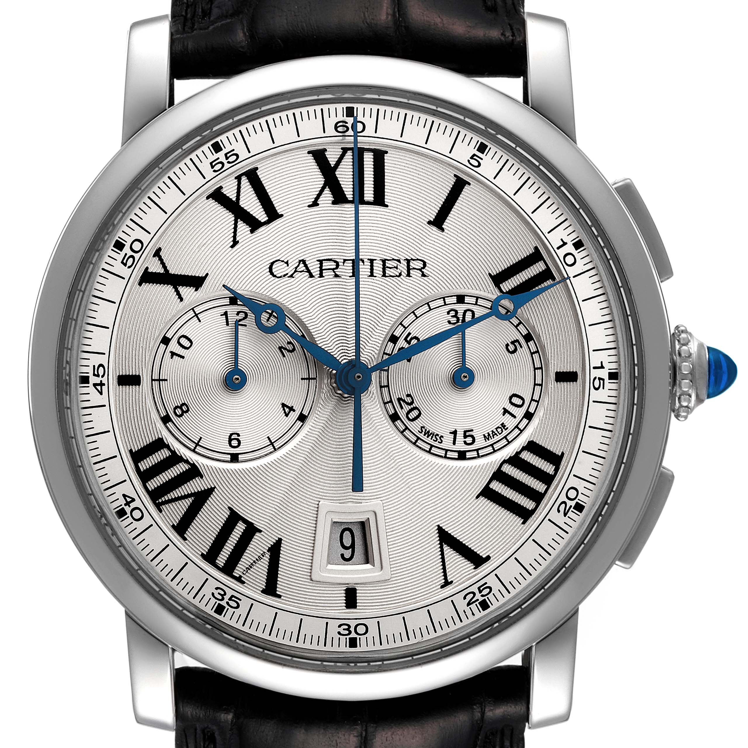 The image shows a frontal view of the Cartier Rotonde WSRO0002 Men's Stainless Steel Silver Dial WSRO0002 Men's Stainless Steel Silver Dial watch, highlighting the dial, hands, subdials, and date window.
