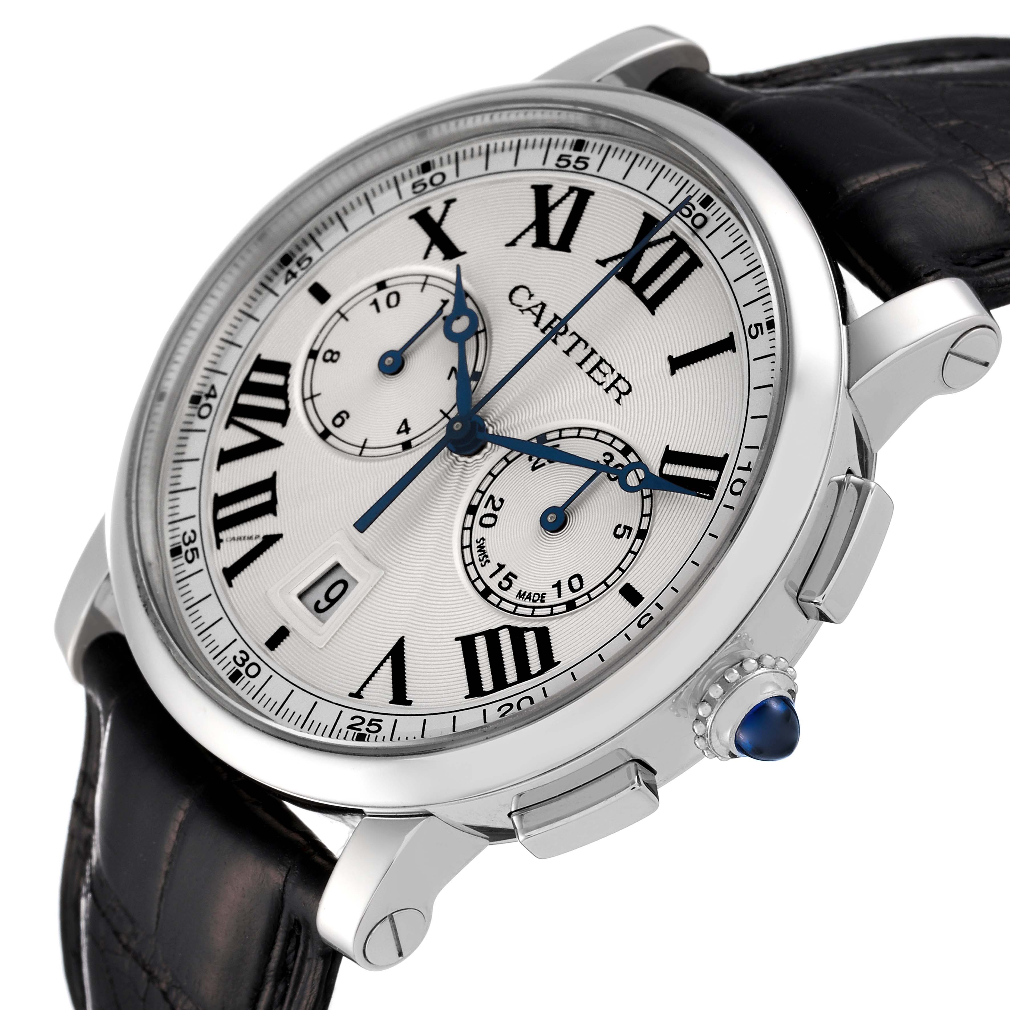 The Rotonde model by Cartier is shown at an angle from the right side, displaying the face, crown, and pushers.