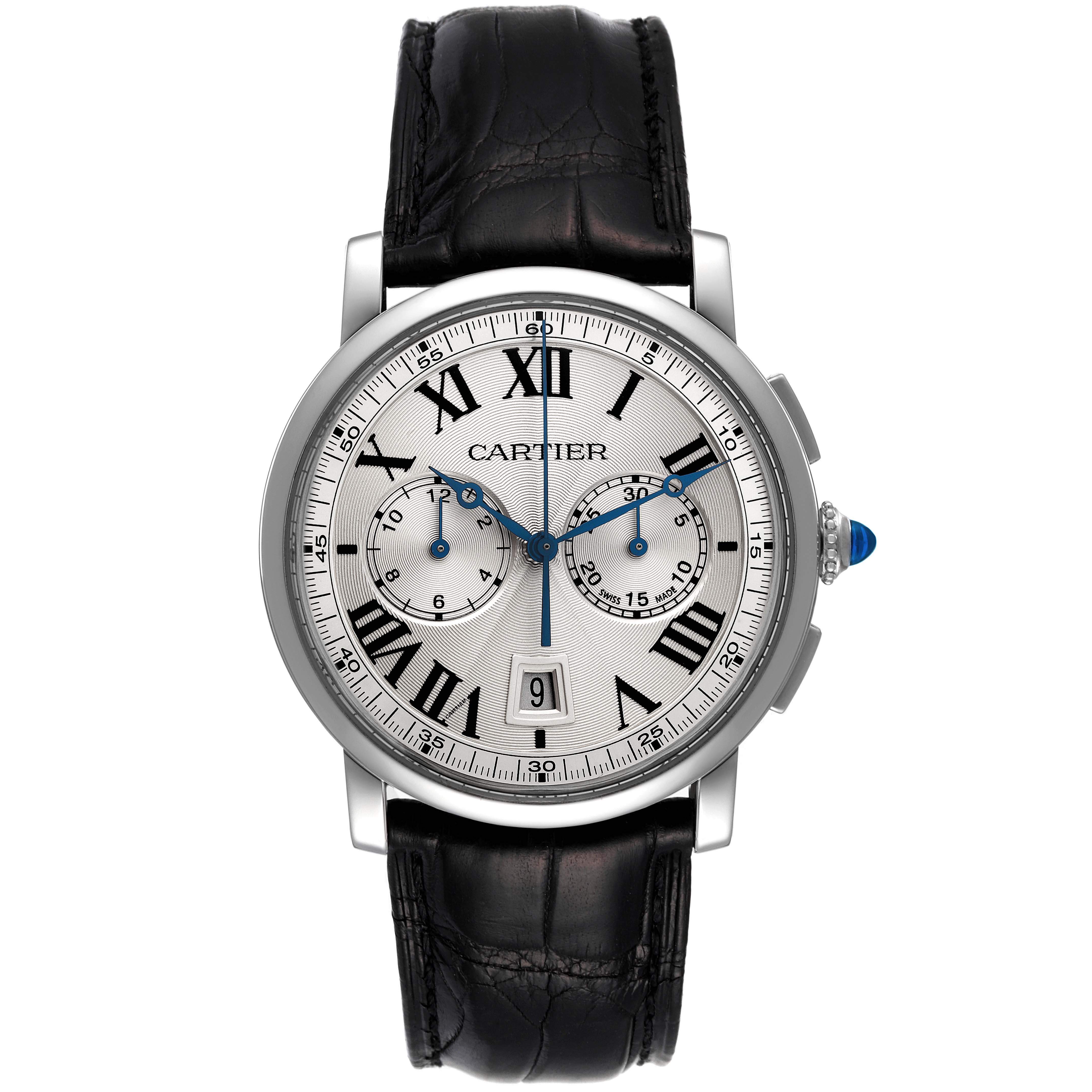 The image shows a front view of a Cartier Rotonde WSRO0002 Men's Stainless Steel Silver Dial WSRO0002 Men's Stainless Steel Silver Dial model watch with a black leather strap and silver dial.