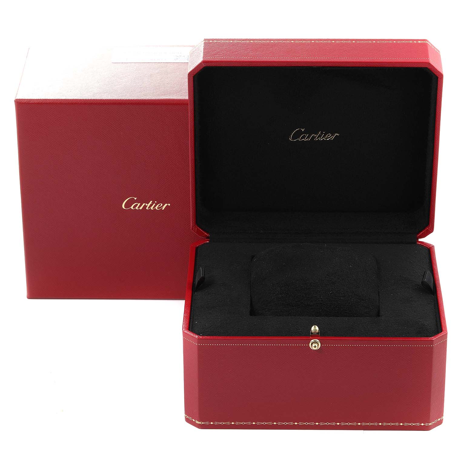 The image shows an open red watch box with "Cartier" branding for the Rotonde model, with its cushion inside.