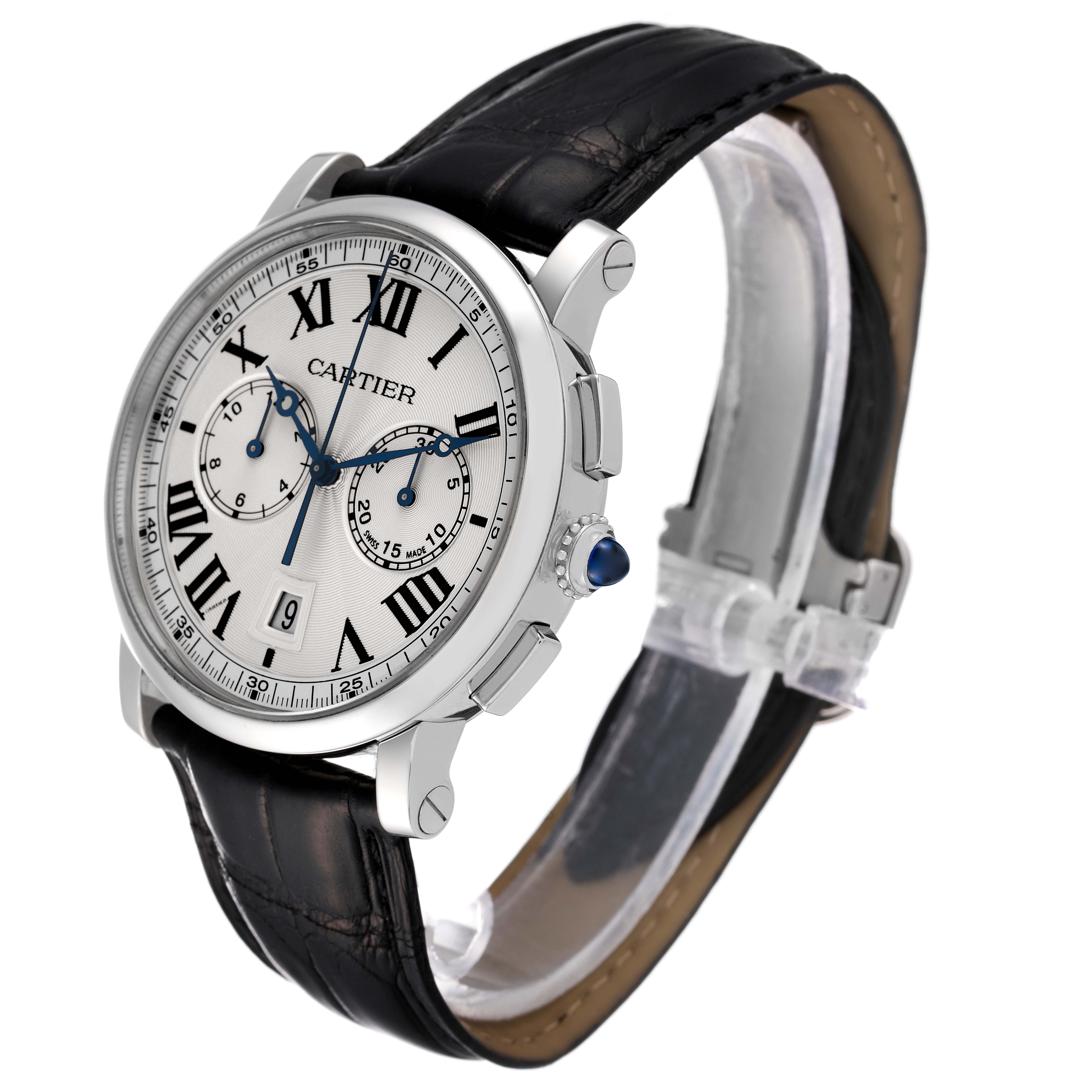 The Cartier Rotonde WSRO0002 Men's Stainless Steel Silver Dial WSRO0002 Men's Stainless Steel Silver Dial watch is shown at an angled front view, displaying its dial, case, crown, and leather strap.