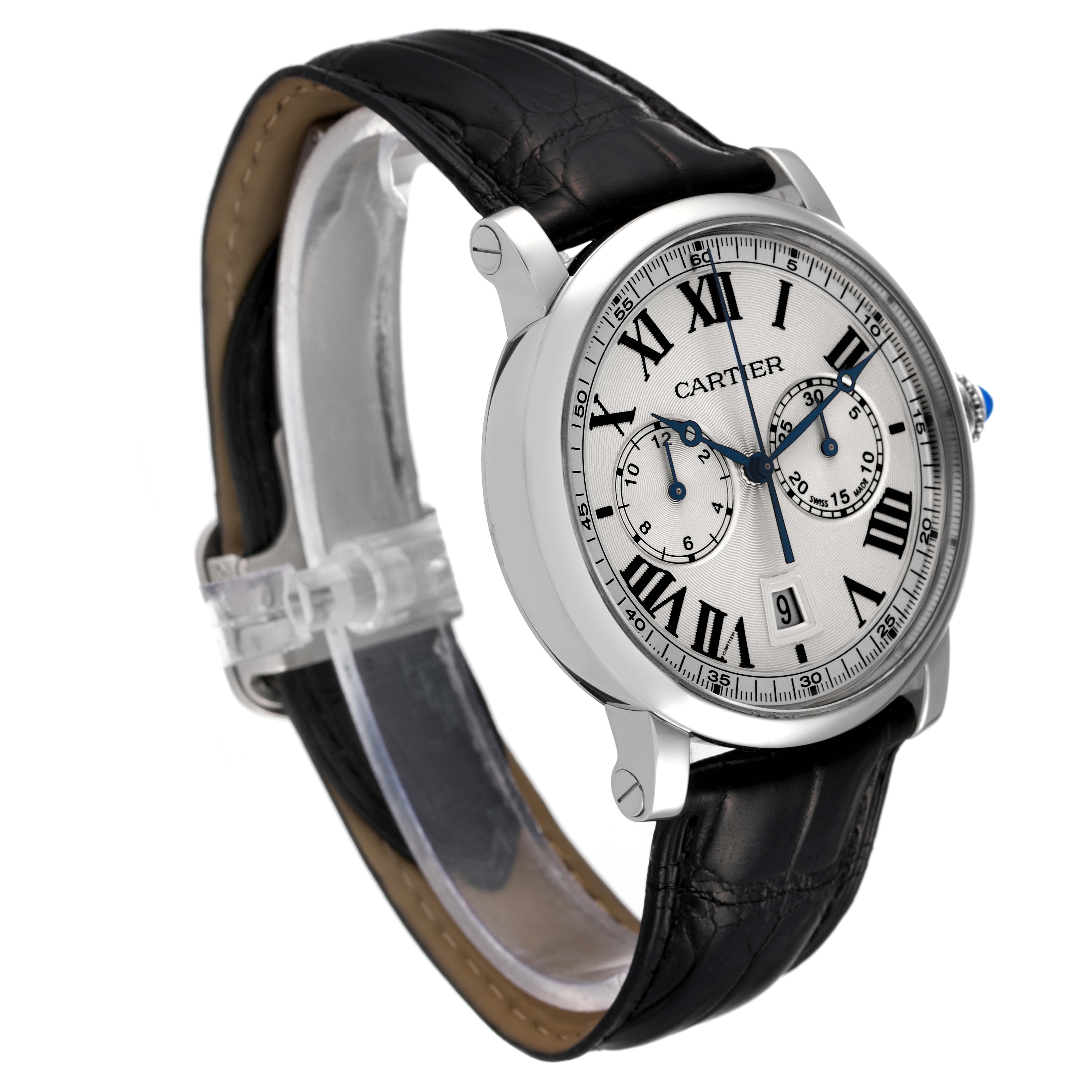 The image shows a Rotonde model by Cartier from a front-side angle, displaying its face with Roman numerals and a black leather strap.