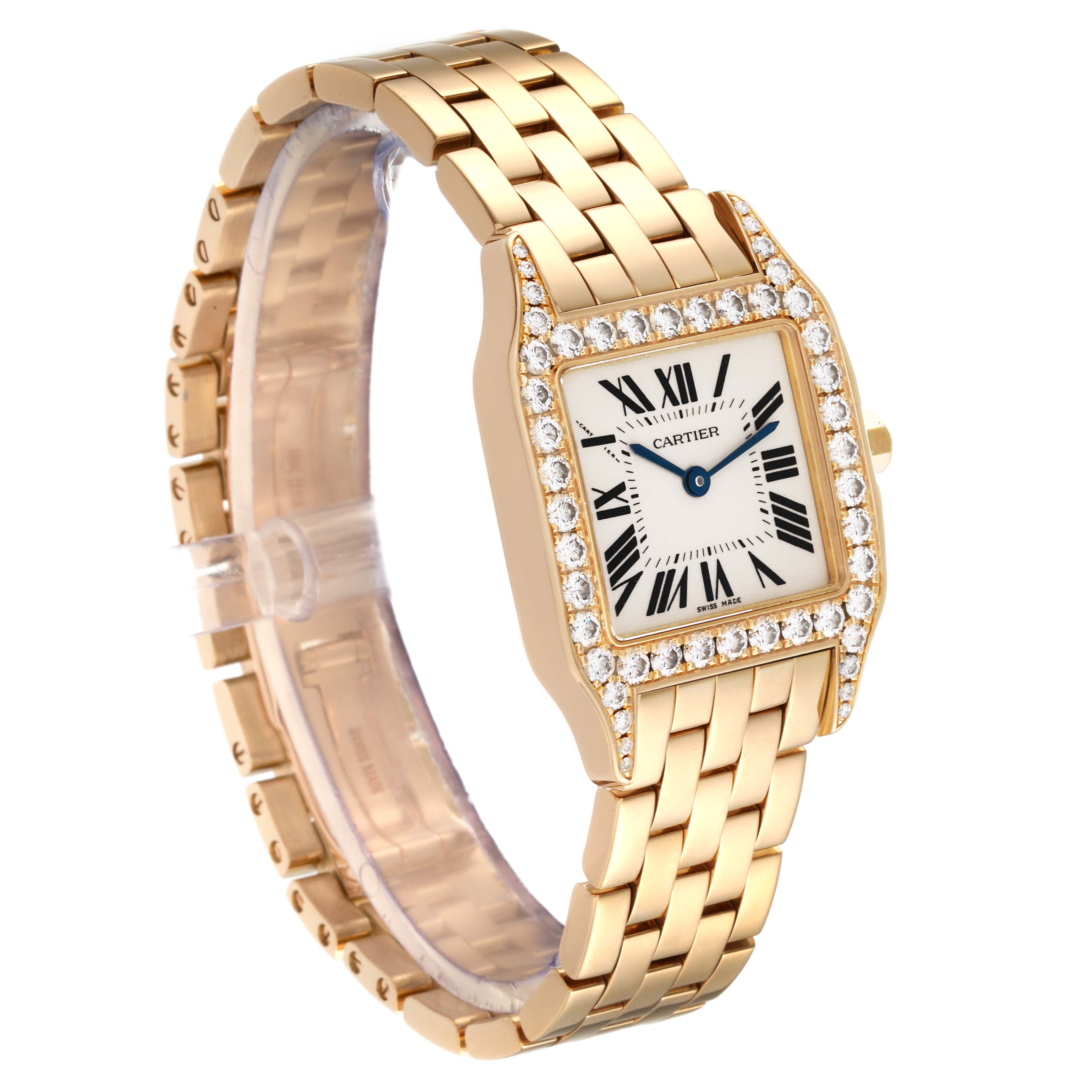 The image shows a Cartier Santos Demoiselle WF9002Y7 Women's Yellow Gold Silver Dial WF9002Y7 Women's Yellow Gold Silver Dial watch at an angled view, highlighting its gold bracelet and diamond-encrusted face.