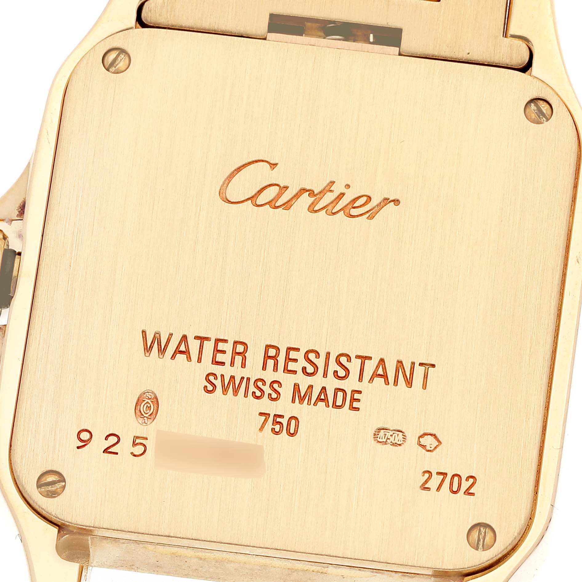 This image shows the back case of a Cartier Santos Demoiselle WF9002Y7 Women's Yellow Gold Silver Dial WF9002Y7 Women's Yellow Gold Silver Dial watch.