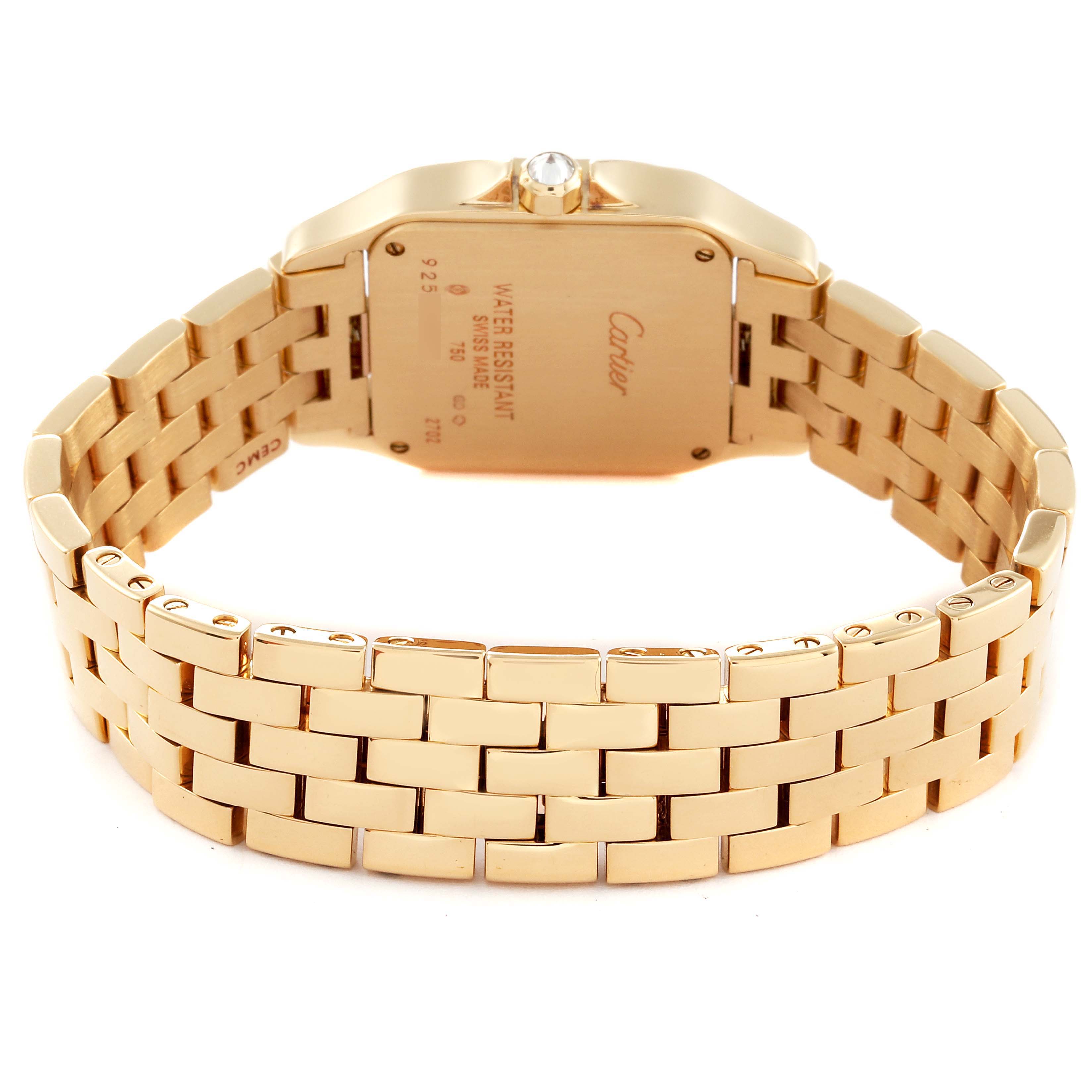 The image shows the back and bracelet of the Cartier Santos Demoiselle WF9002Y7 Women's Yellow Gold Silver Dial WF9002Y7 Women's Yellow Gold Silver Dial watch in a gold finish.