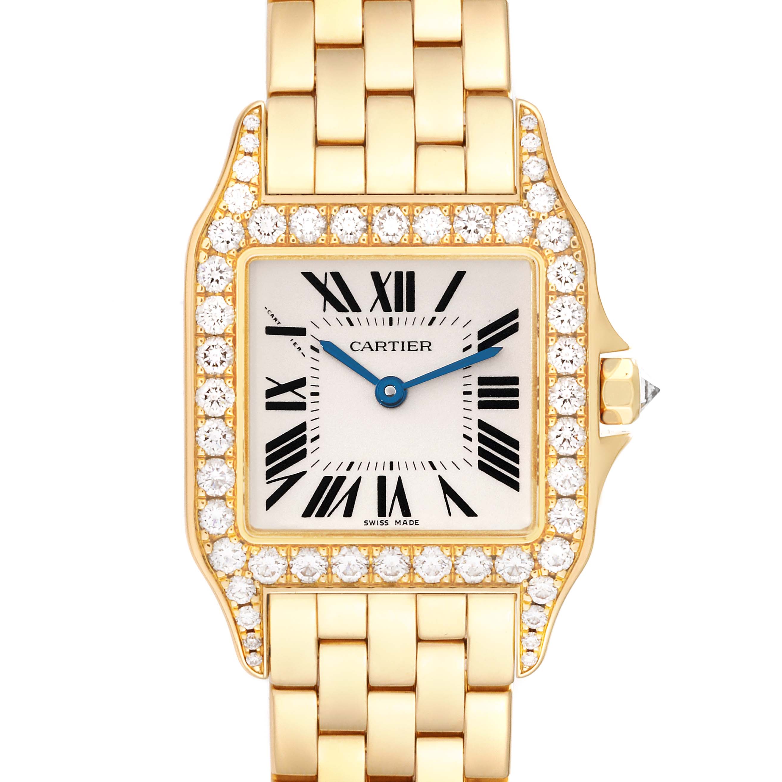 The image shows a front view of the Cartier Santos Demoiselle WF9002Y7 Women's Yellow Gold Silver Dial WF9002Y7 Women's Yellow Gold Silver Dial watch, highlighting its diamond-encrusted bezel and gold bracelet.