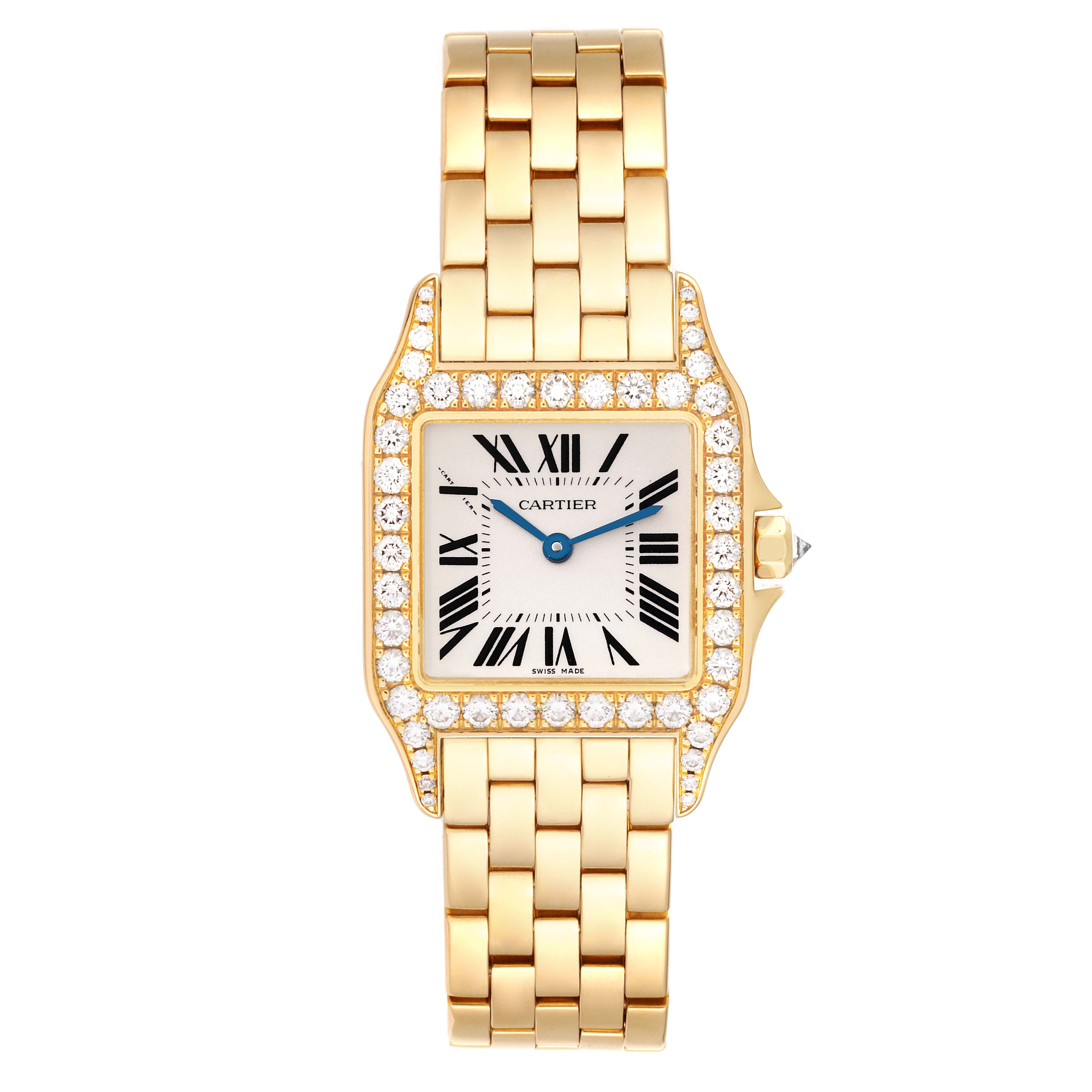 The image shows a front view of the Cartier Santos Demoiselle WF9002Y7 Women's Yellow Gold Silver Dial WF9002Y7 Women's Yellow Gold Silver Dial watch, highlighting the face, band, and diamond-encrusted bezel.