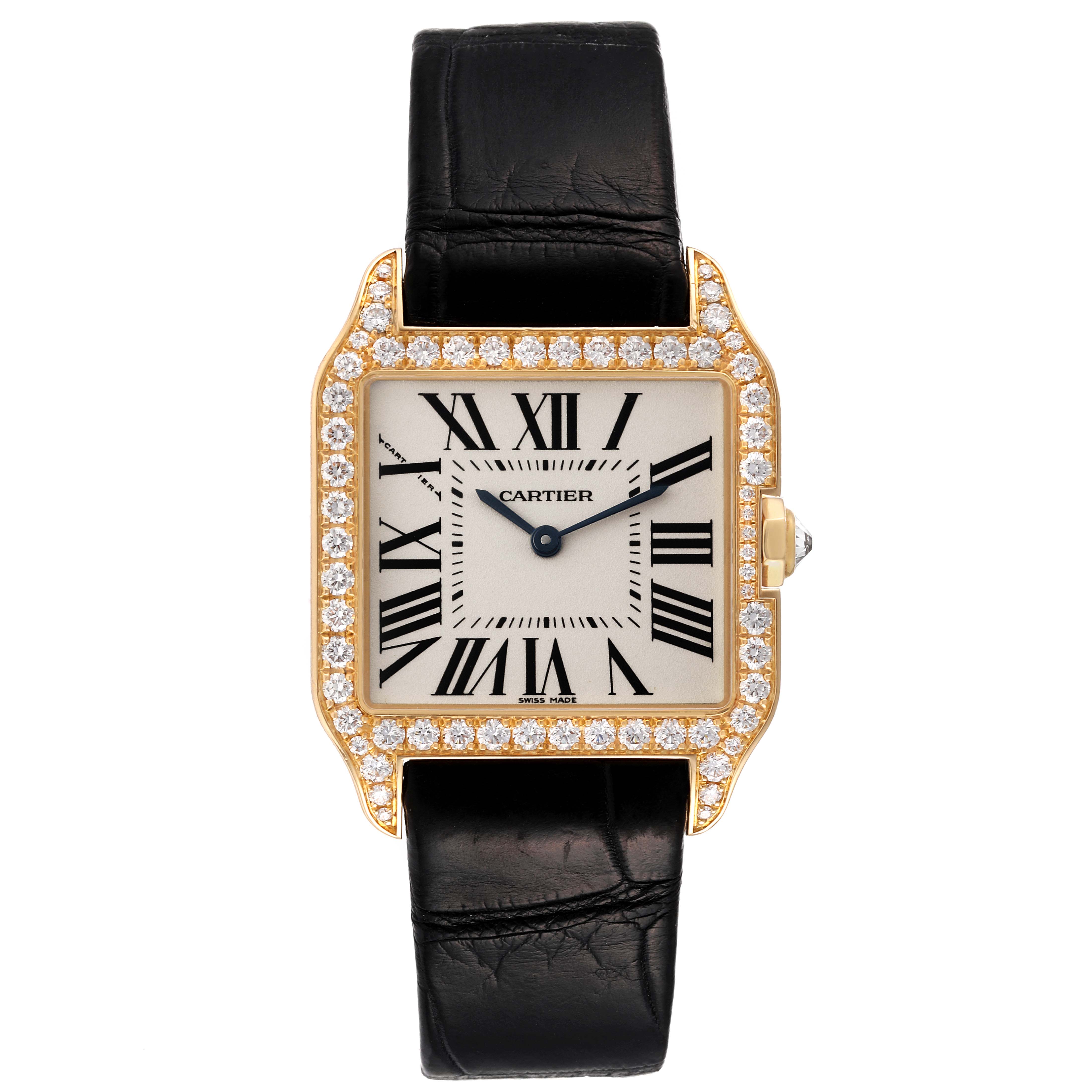 This image shows a front view of a Cartier Santos Dumont WH100351 Men's Yellow Gold Silver Dial WH100351 Men's Yellow Gold Silver Dial watch with a black leather strap and diamond-encrusted bezel.