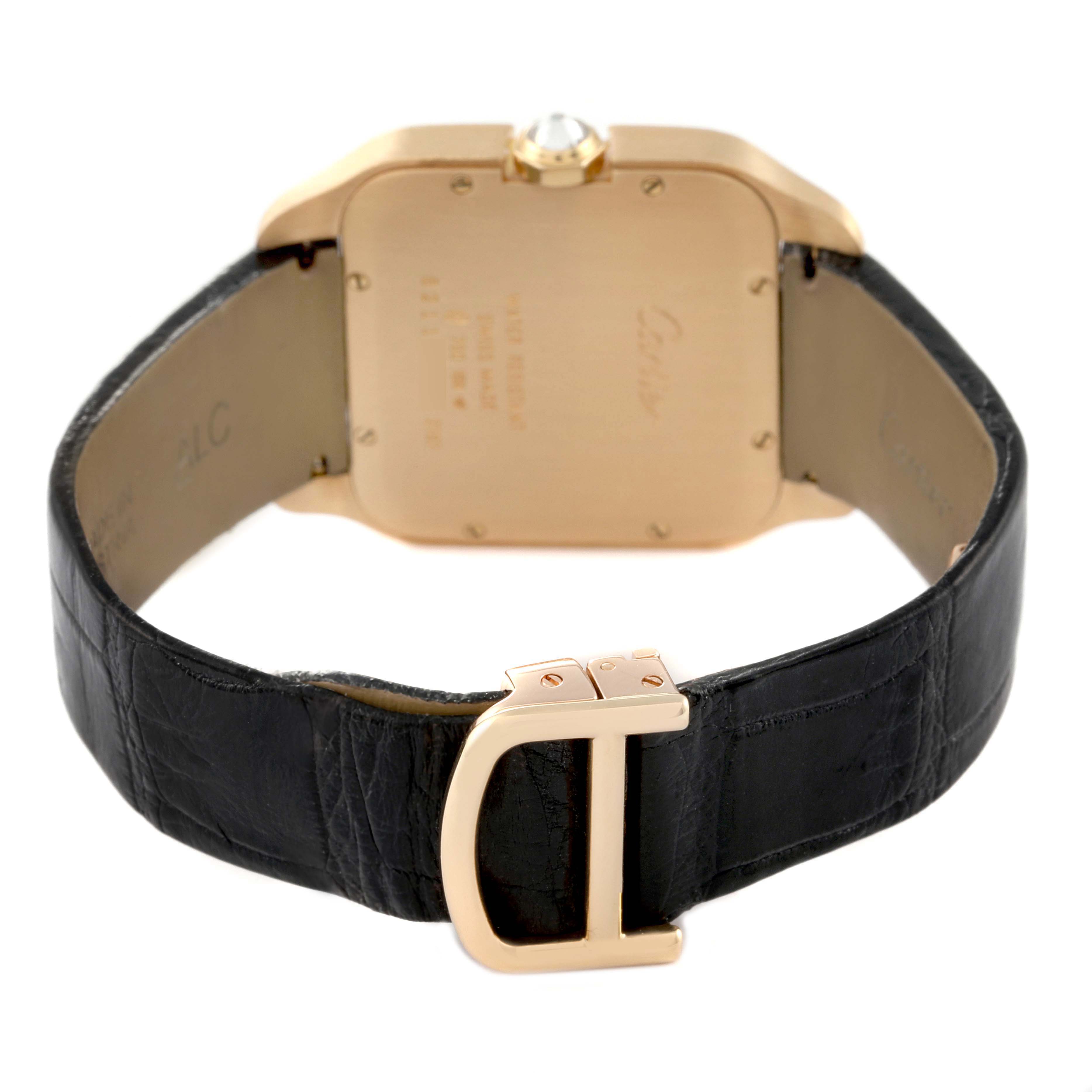 The image shows the back view of a Cartier Santos Dumont WH100351 Men's Yellow Gold Silver Dial WH100351 Men's Yellow Gold Silver Dial watch, highlighting the case back, crown, and leather strap with a buckle.