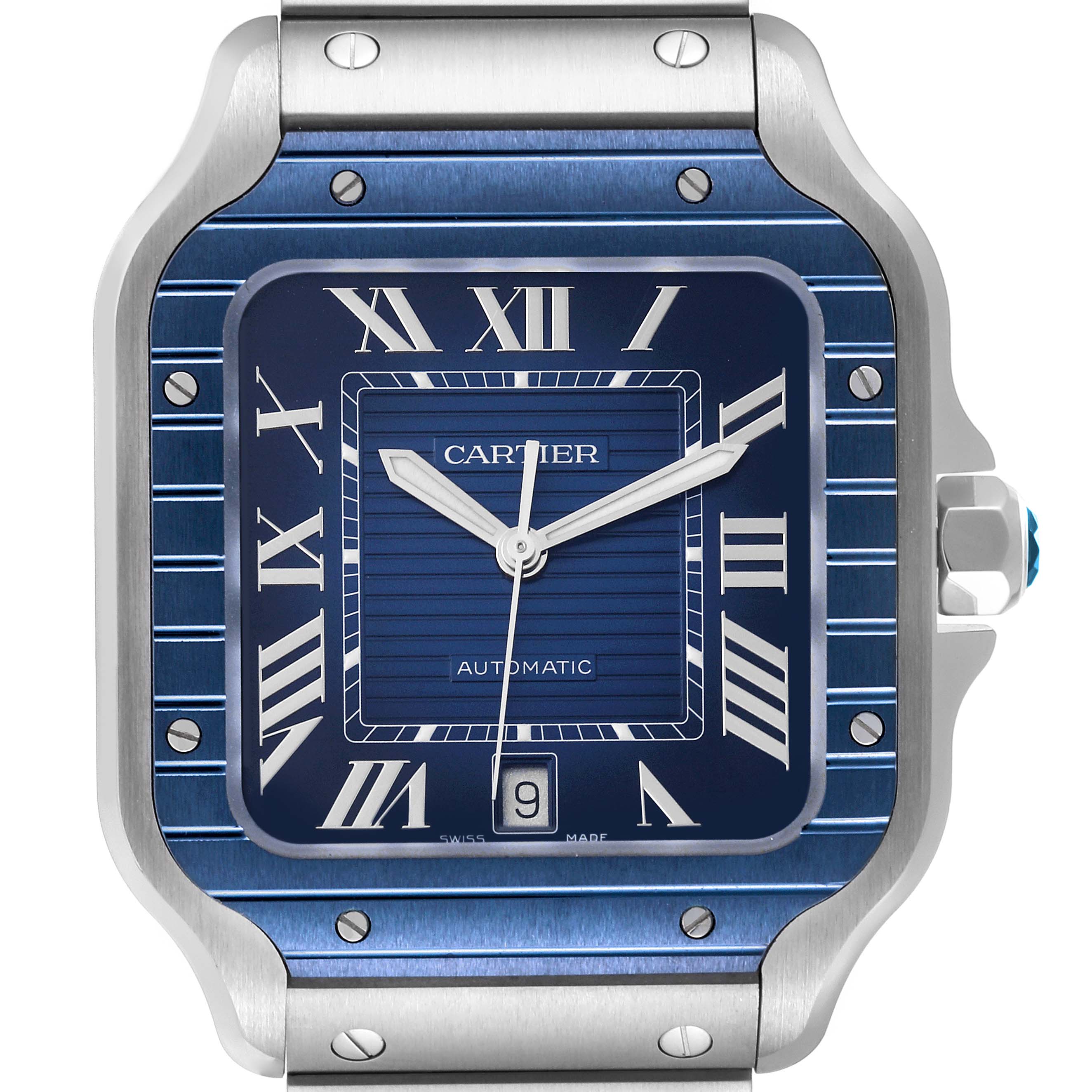 This image shows a frontal view of the Cartier Santos WSSA0048 Men
s Stainless Steel Blue Dial WSSA0048 Men
s Stainless Steel Blue Dial watch, highlighting its blue dial with Roman numerals and metal case.