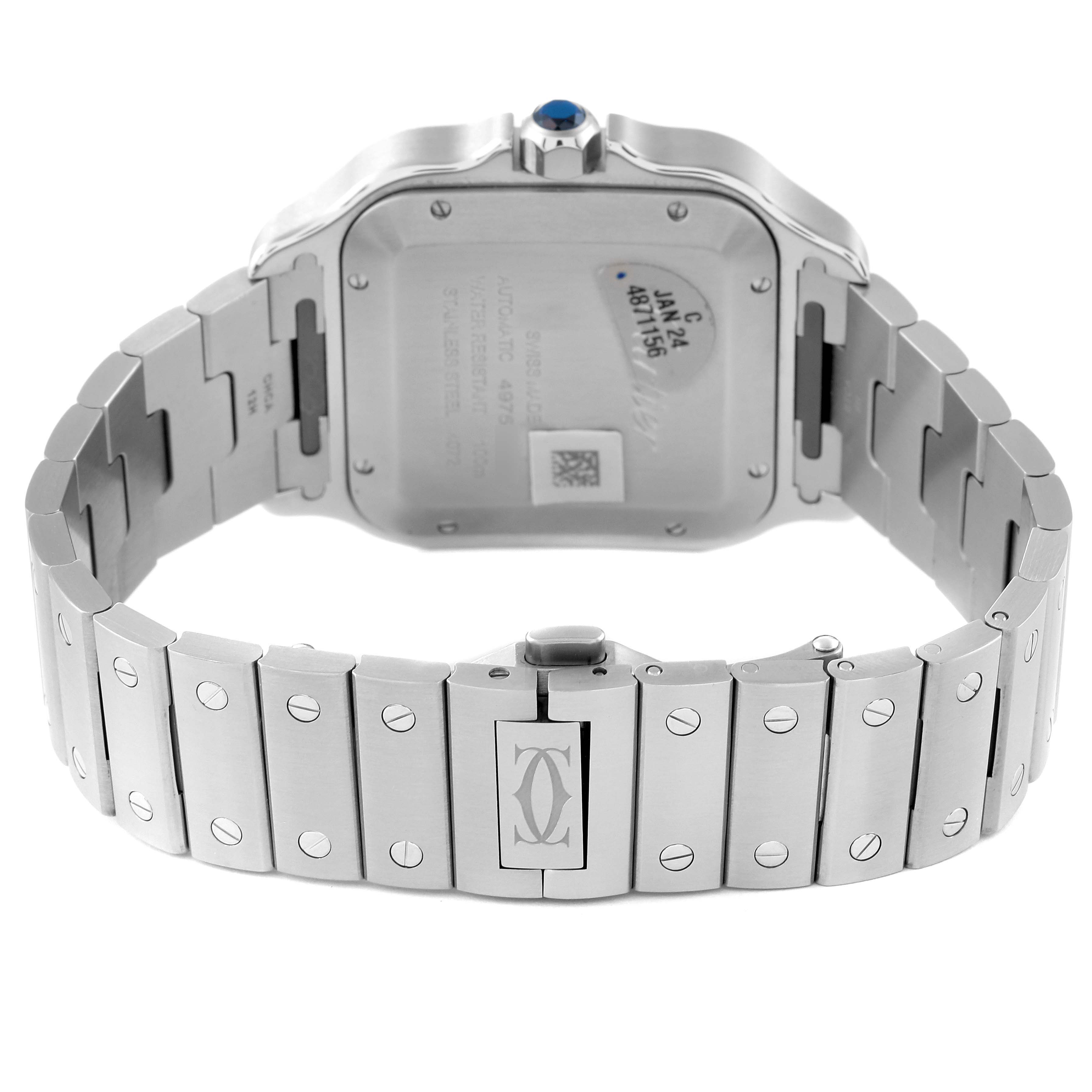 The image shows the back and bracelet of a Cartier Santos WSSA0048 Men
s Stainless Steel Blue Dial WSSA0048 Men
s Stainless Steel Blue Dial model watch, focusing on the case back and bracelet clasp.