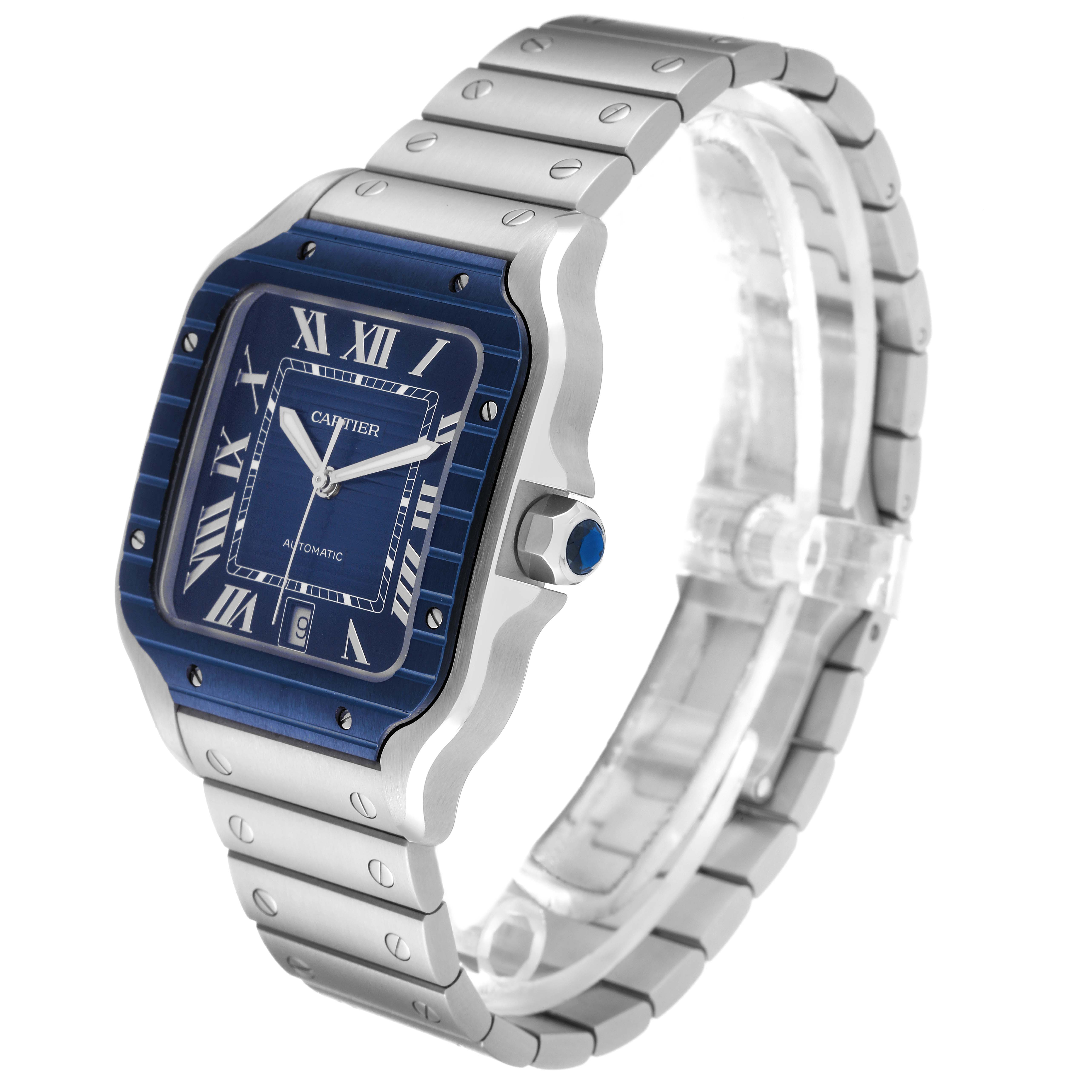 The image shows a side-angle view of the Cartier Santos WSSA0048 Men
s Stainless Steel Blue Dial WSSA0048 Men
s Stainless Steel Blue Dial watch, including its blue dial, bezel, and metal bracelet.