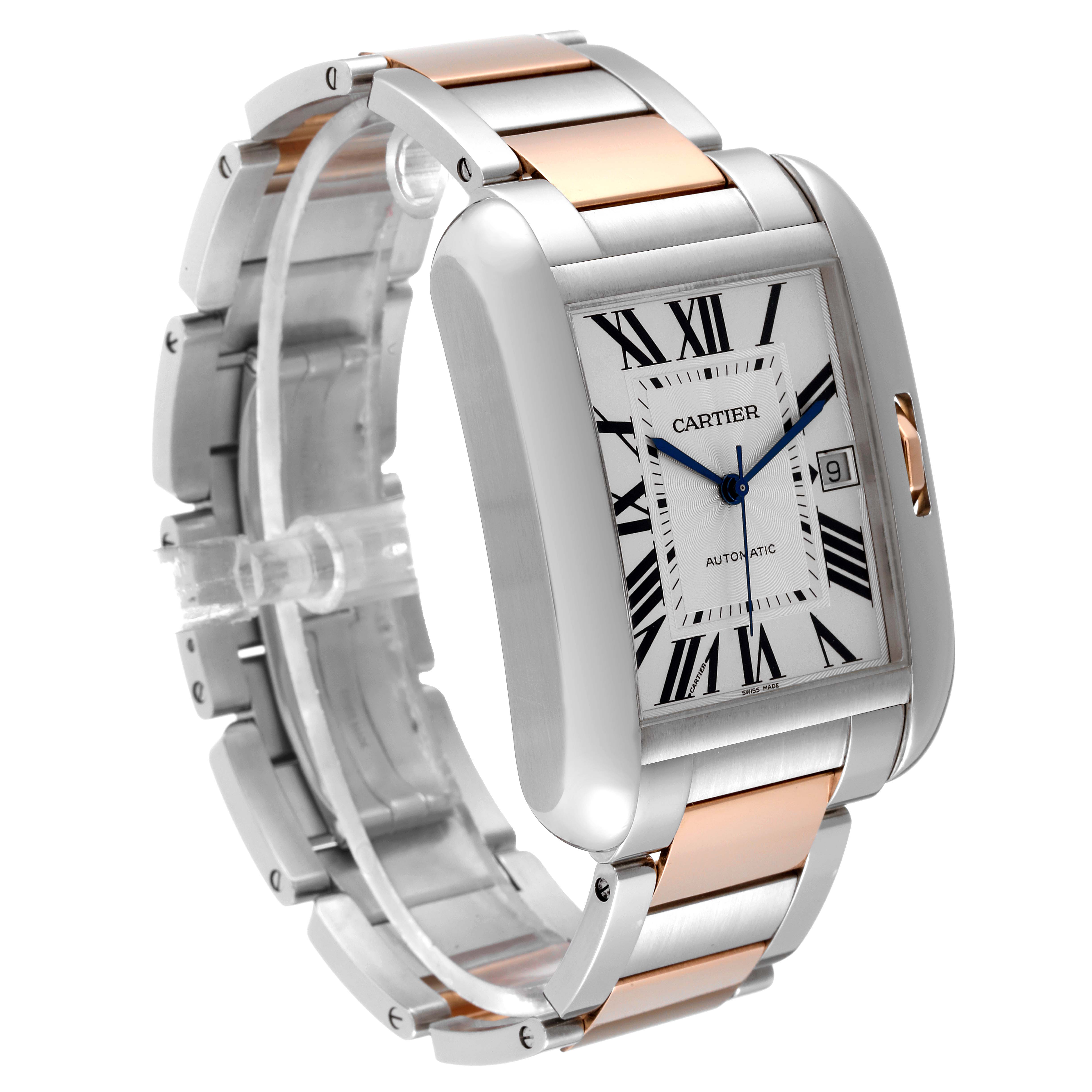 The Cartier Tank Anglaise W5310006 Men's Steel and Gold (two tone) Silver Dial W5310006 Men's Steel and Gold (two tone) Silver Dial watch is shown at an angled side view, highlighting its dial, case, and part of the metal bracelet.