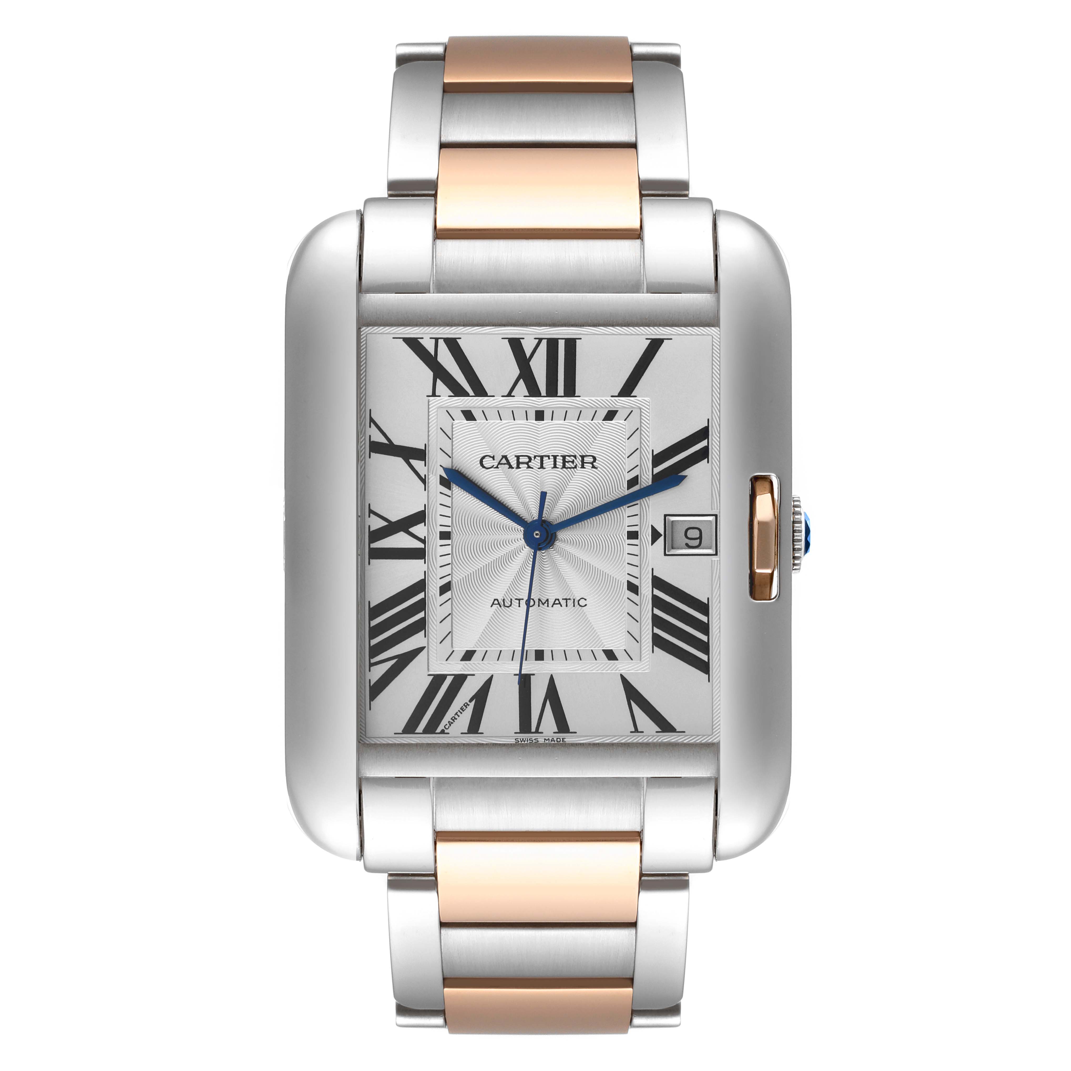 This image shows a front view of a Cartier Tank Anglaise W5310006 Men's Steel and Gold (two tone) Silver Dial W5310006 Men's Steel and Gold (two tone) Silver Dial watch, highlighting its dial, Roman numerals, hands, and metal bracelet.