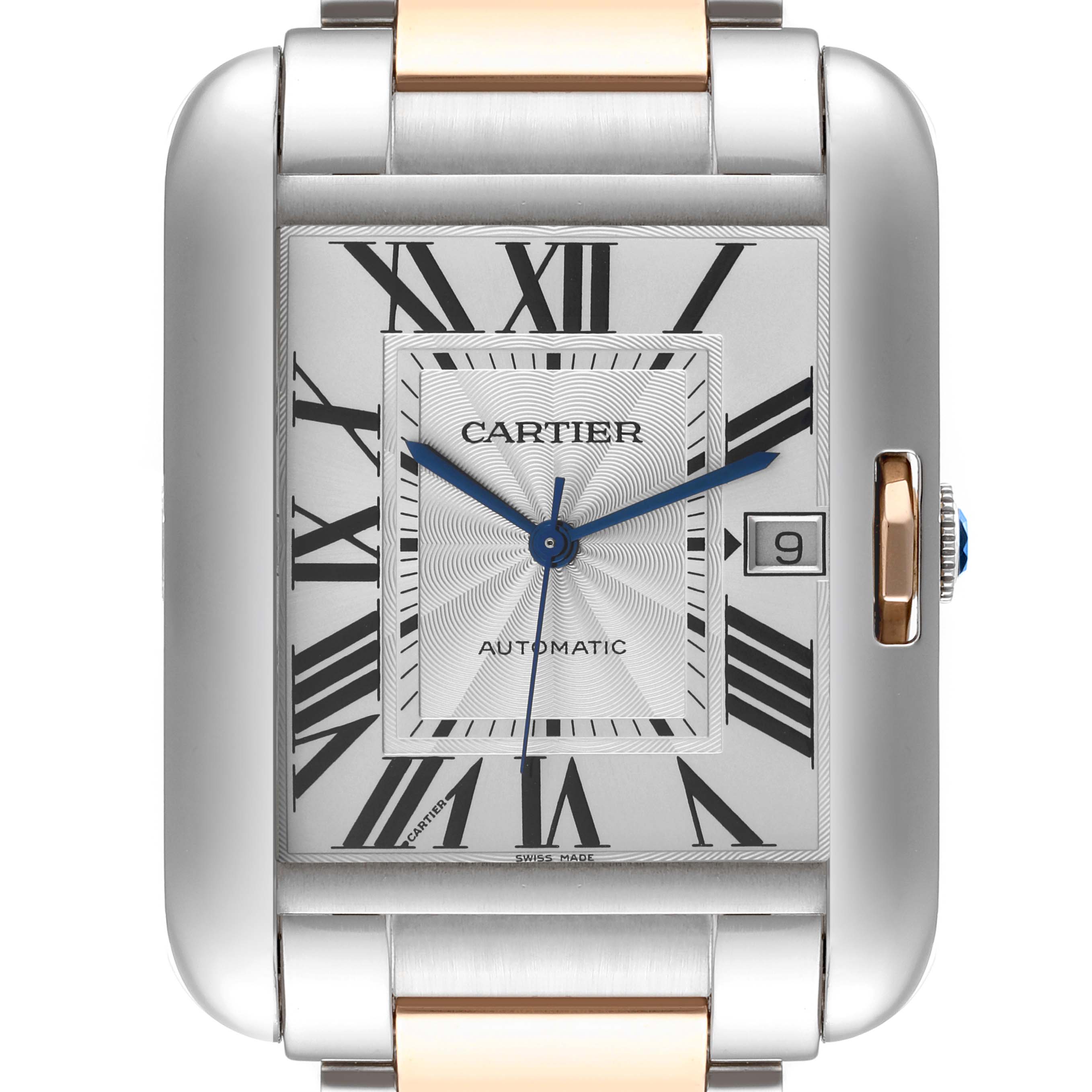 The image shows a front-facing view of the Cartier Tank Anglaise W5310006 Men's Steel and Gold (two tone) Silver Dial W5310006 Men's Steel and Gold (two tone) Silver Dial watch, displaying its face, Roman numeral markers, and date window.