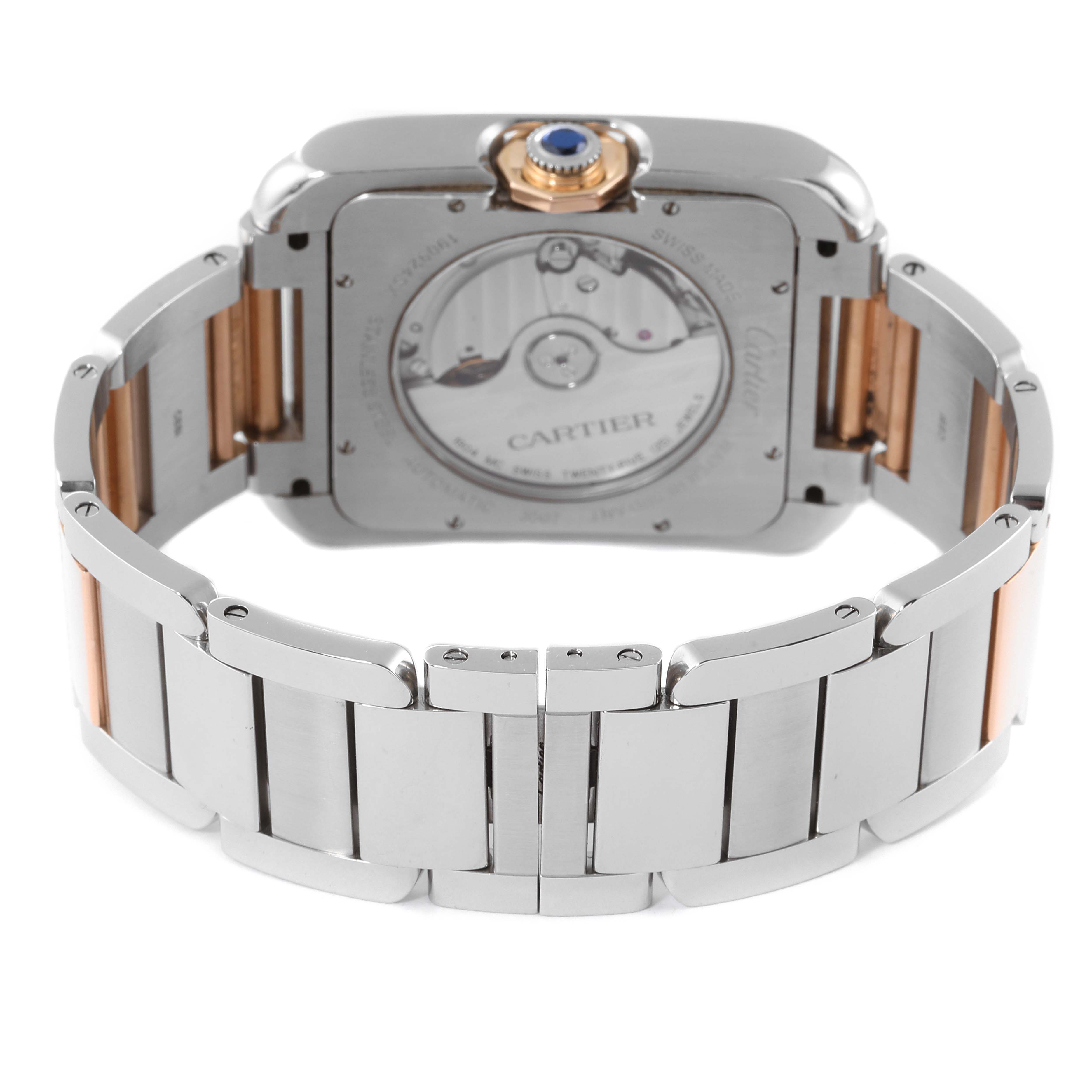 The image shows the back and bracelet of a Cartier Tank Anglaise W5310006 Men's Steel and Gold (two tone) Silver Dial W5310006 Men's Steel and Gold (two tone) Silver Dial watch, featuring a visible movement and crown.