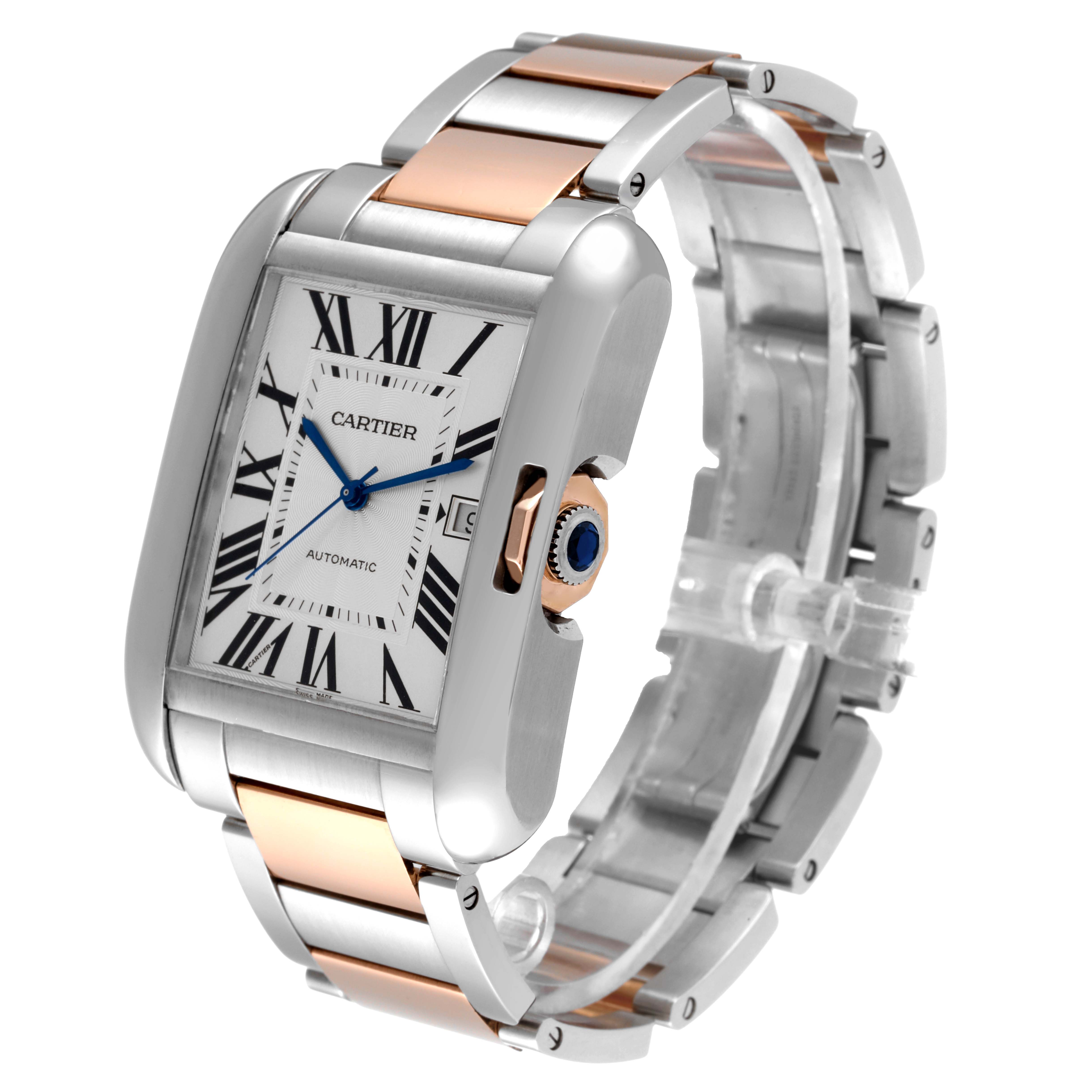 The image shows a Cartier Tank Anglaise W5310006 Men's Steel and Gold (two tone) Silver Dial W5310006 Men's Steel and Gold (two tone) Silver Dial watch at an angled side-view, highlighting its face, crown, and metal bracelet.