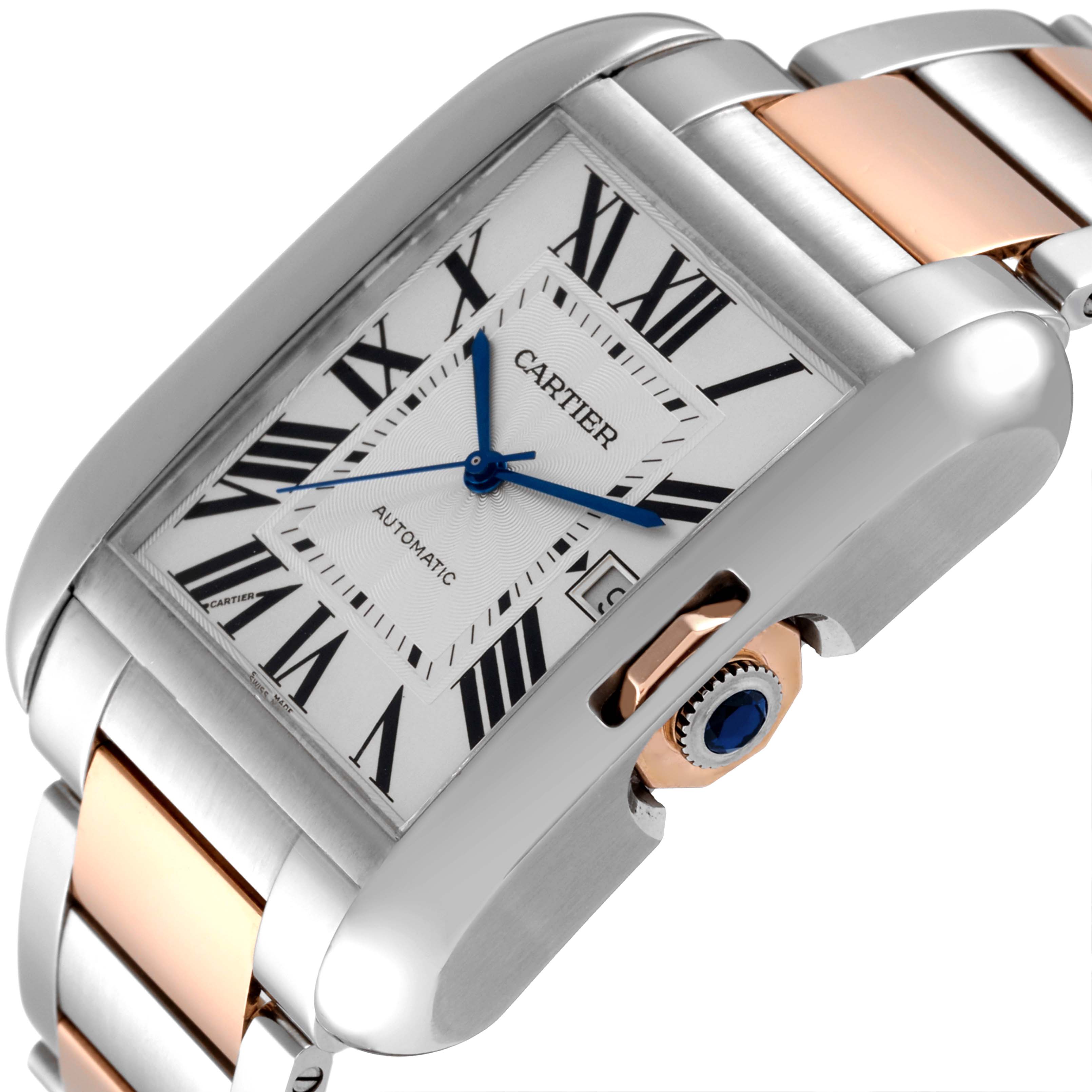 The image shows a side angle of a Cartier Tank Anglaise W5310006 Men's Steel and Gold (two tone) Silver Dial W5310006 Men's Steel and Gold (two tone) Silver Dial watch, highlighting the face, crown, and part of the bracelet.