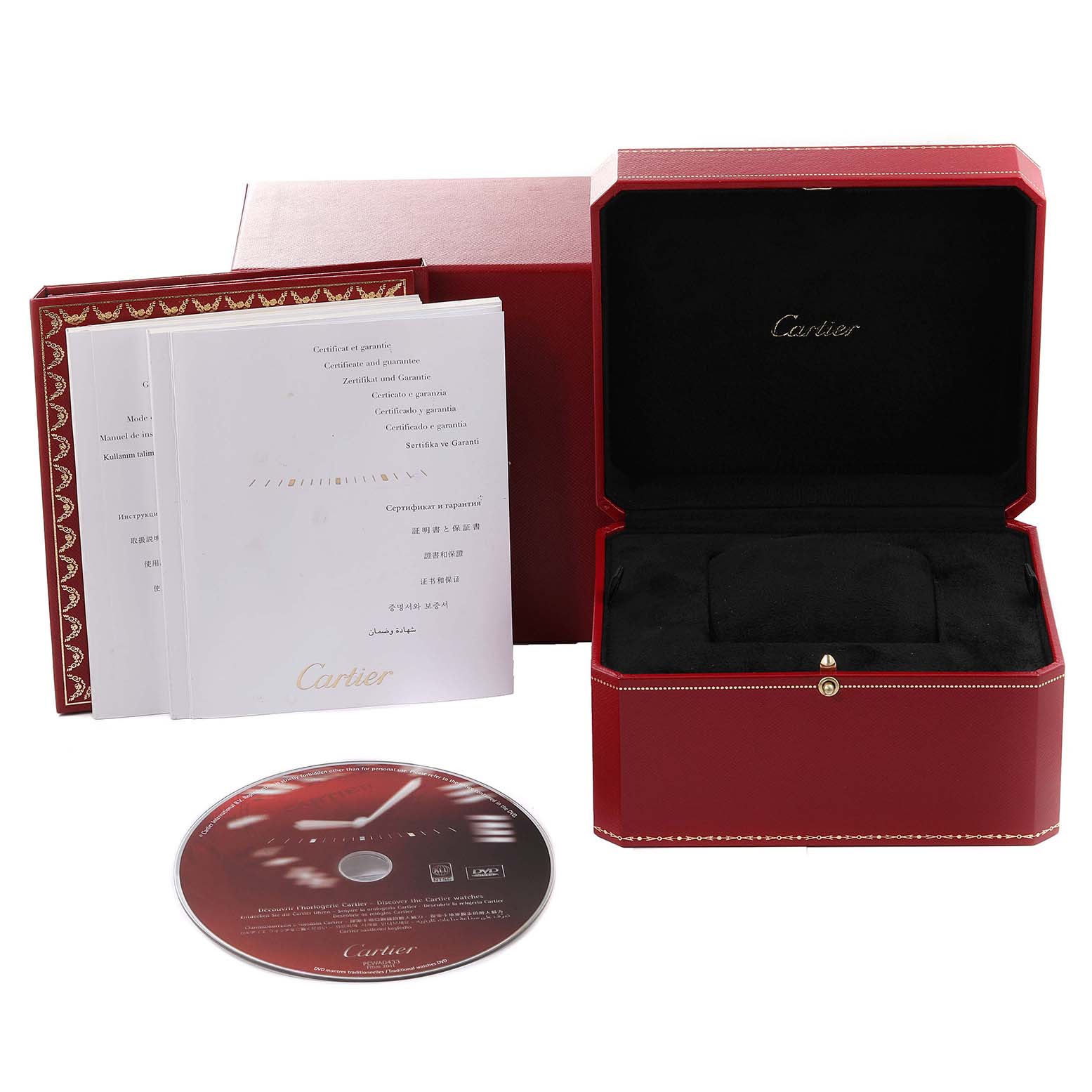 This image shows a Cartier Tank Anglaise W5310006 Men's Steel and Gold (two tone) Silver Dial W5310006 Men's Steel and Gold (two tone) Silver Dial watch box, user manual, warranty documents, and a CD.