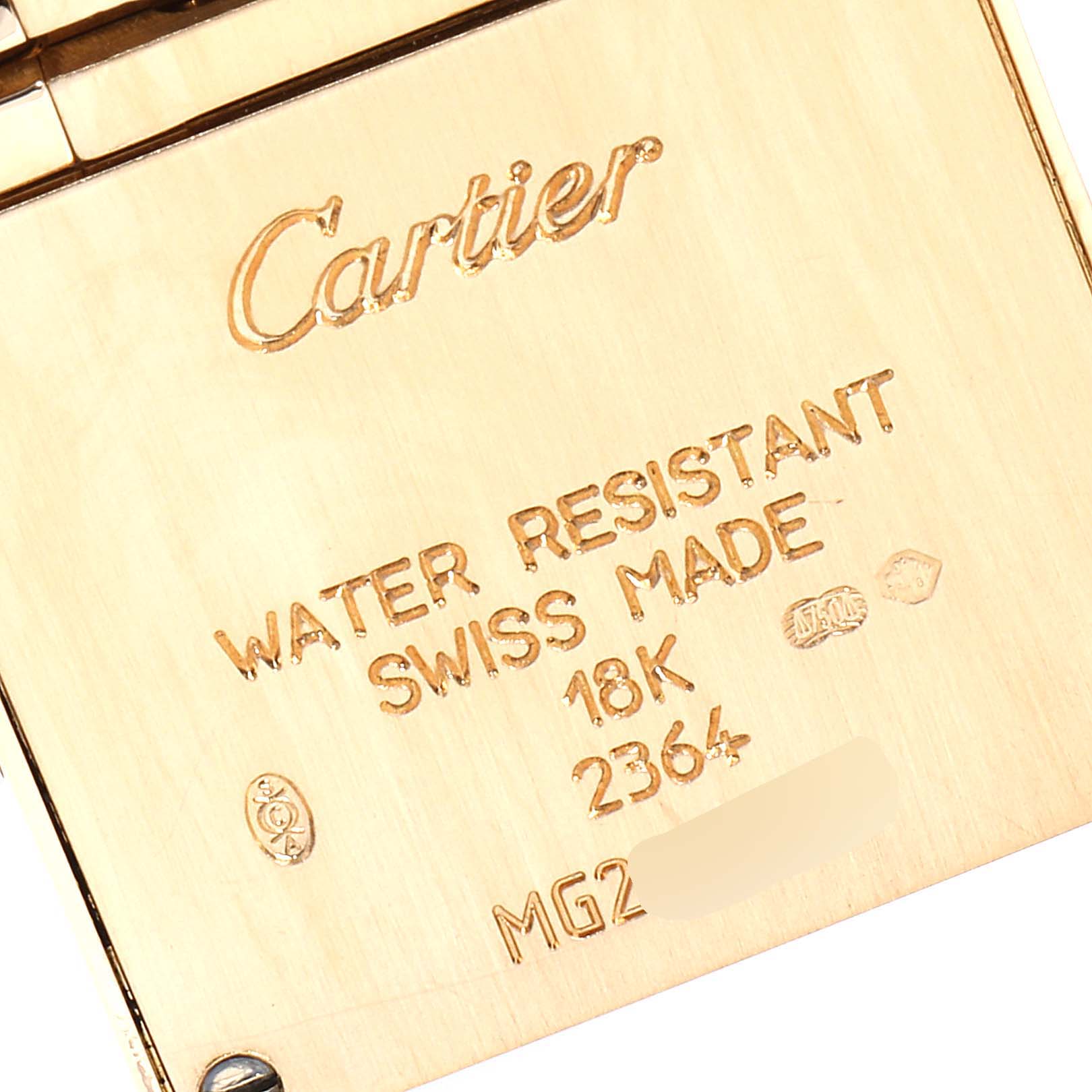 The image shows the back case of a Cartier Tank Française watch, detailing its water resistance, material, and engraving.