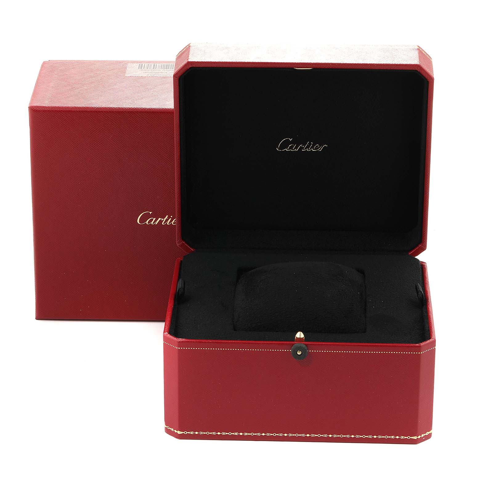 The image shows the open red box and outer casing for the Cartier Tank Française watch, highlighting its luxurious packaging.