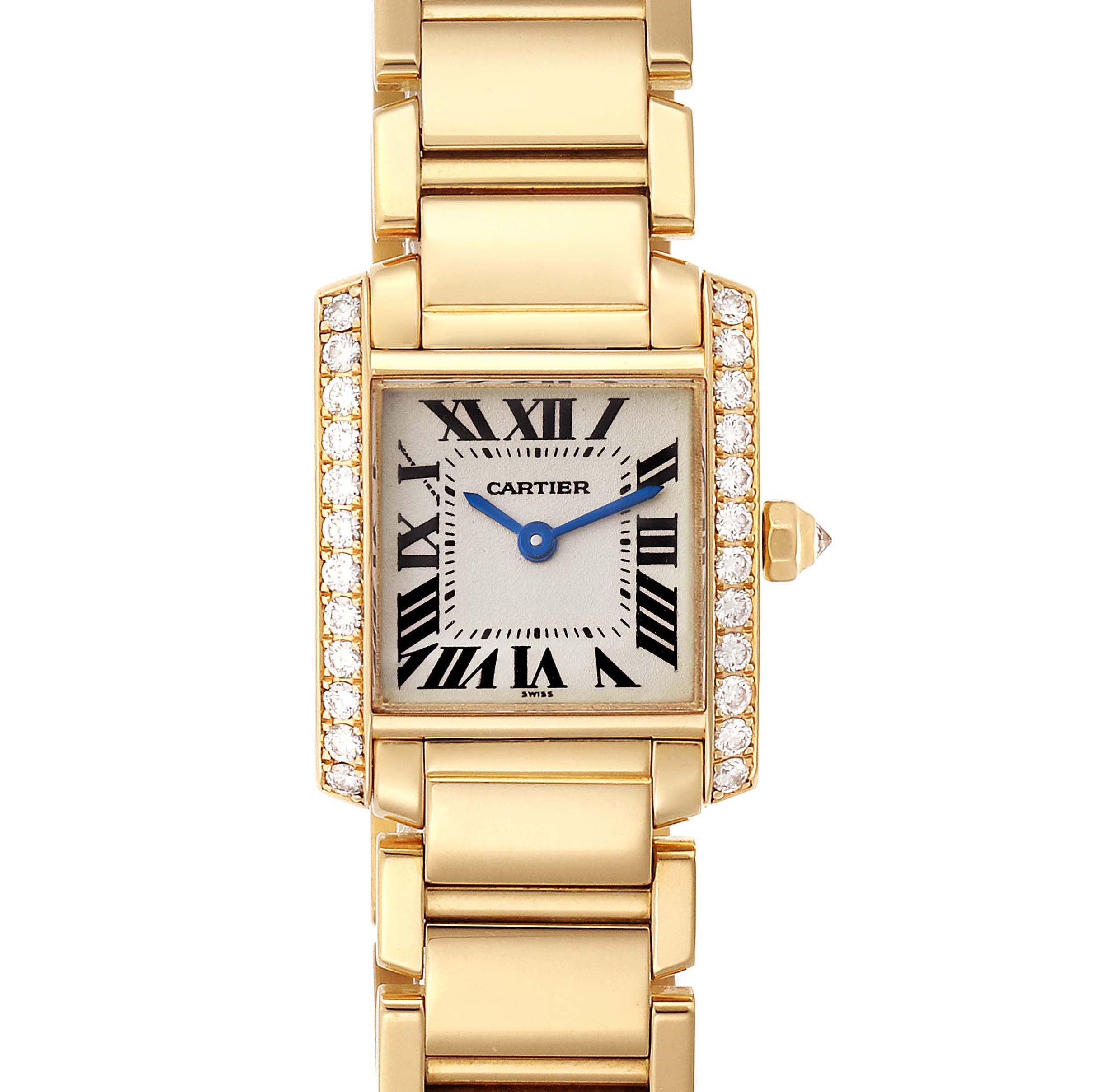 The Cartier Tank Francaise WE1001R8 Women's Yellow Gold Silver Dial WE1001R8 Women's Yellow Gold Silver Dial watch is shown from a top-down angle, displaying its rectangular face, Roman numerals, blue hands, and gold bracelet.