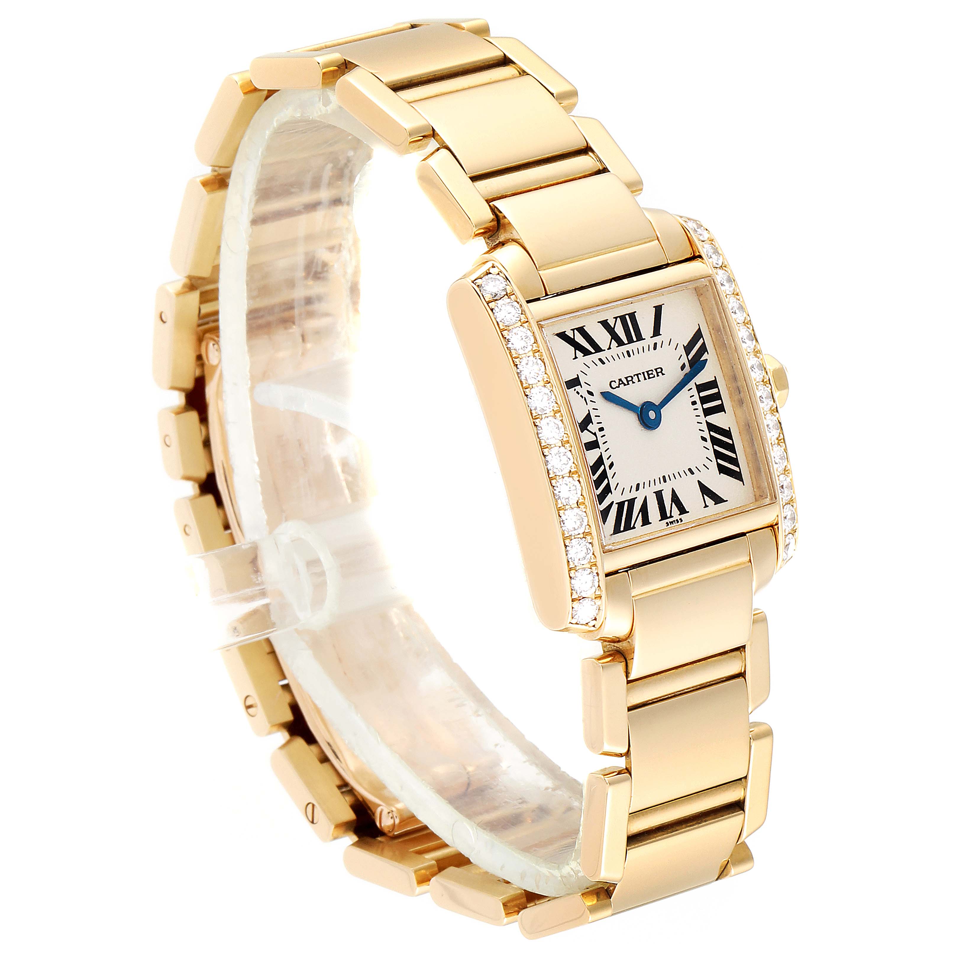 The Cartier Tank Francaise WE1001R8 Women's Yellow Gold Silver Dial WE1001R8 Women's Yellow Gold Silver Dial watch is shown at an angled view focusing on its face, gold band, and diamond-encrusted bezel.