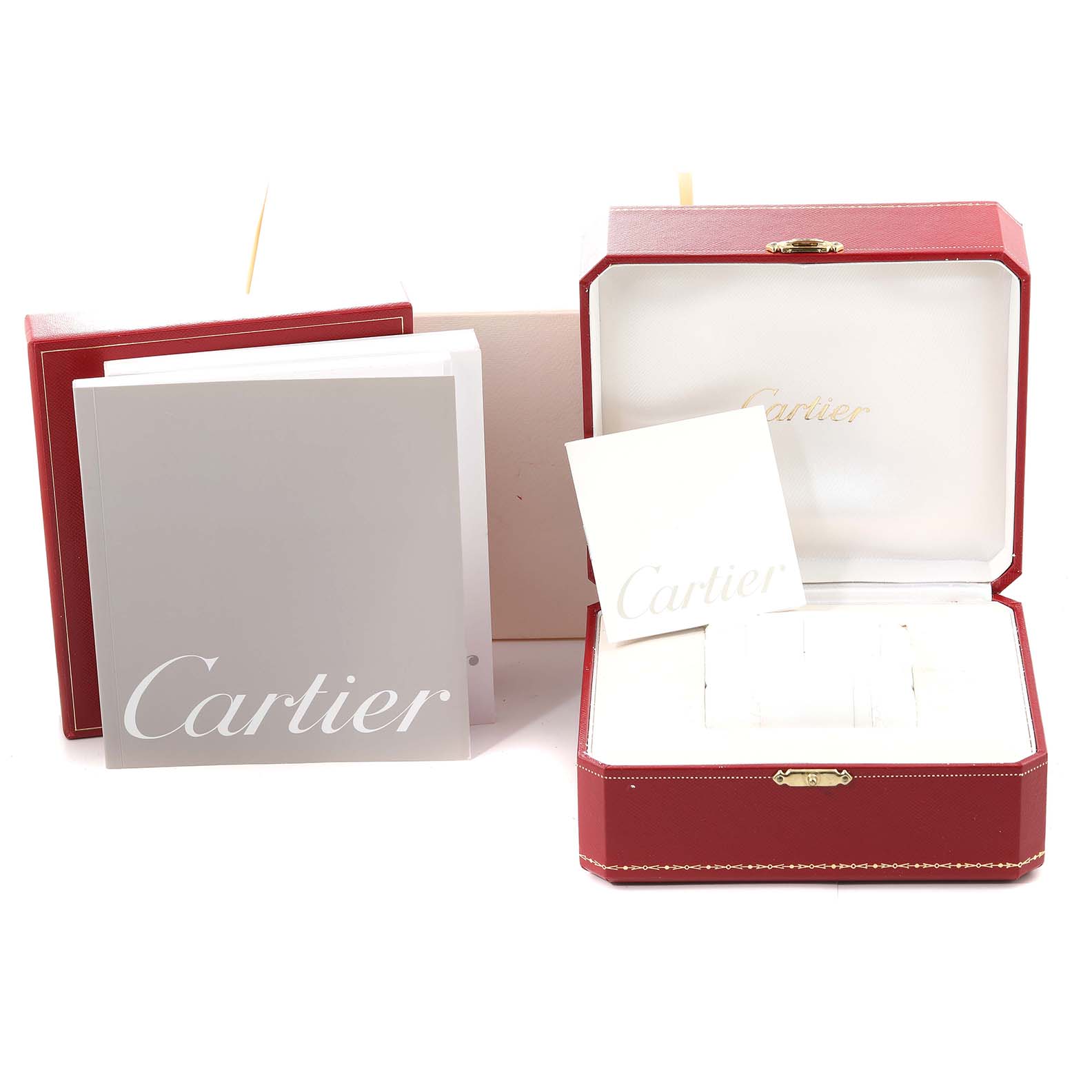 The image shows an open Cartier Tank Francaise W51030Q3 Women's Stainless Steel Pink Dial W51030Q3 Women's Stainless Steel Pink Dial watch box with booklets and a red outer case.