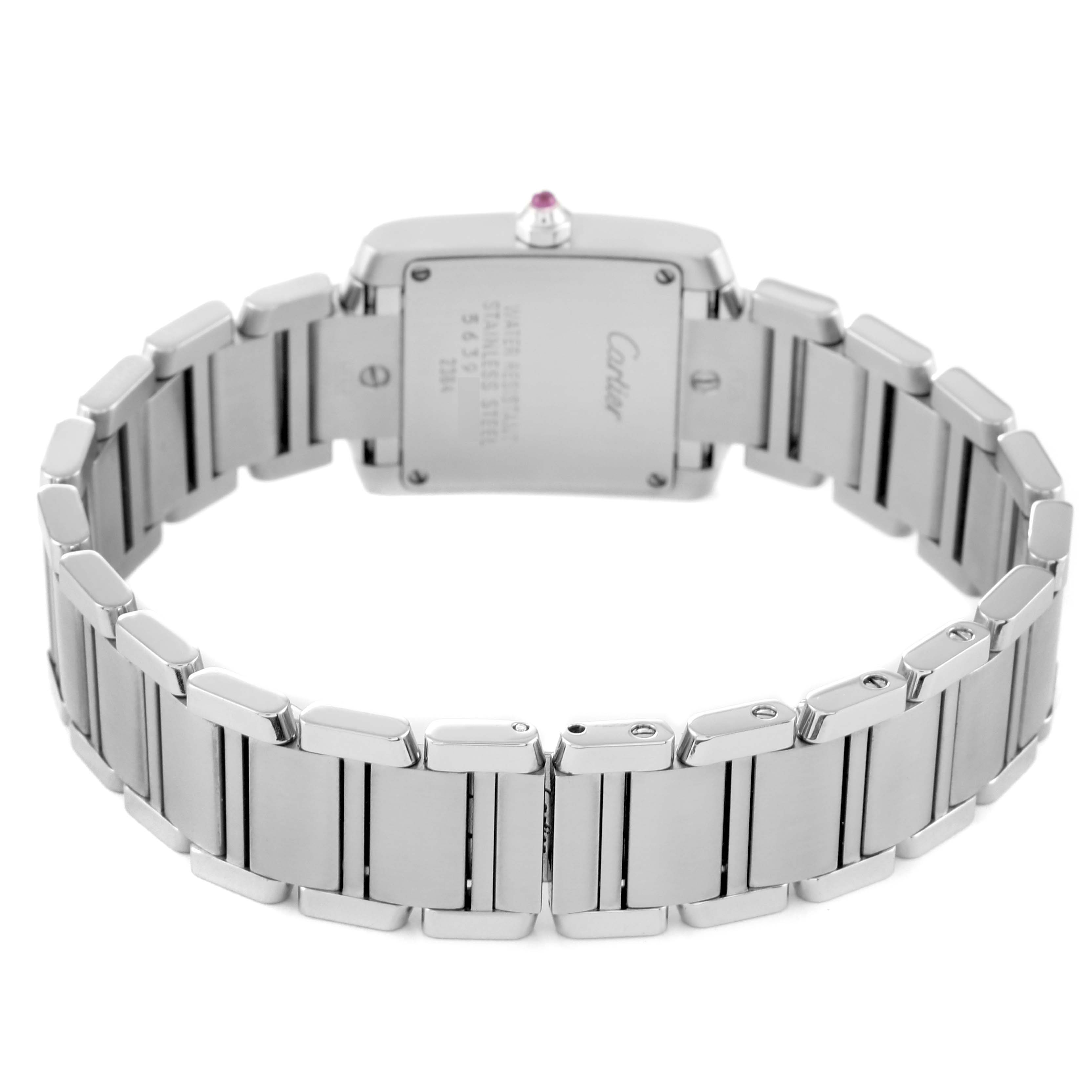The image shows the back view of a Cartier Tank Française watch, highlighting its stainless steel bracelet and caseback.
